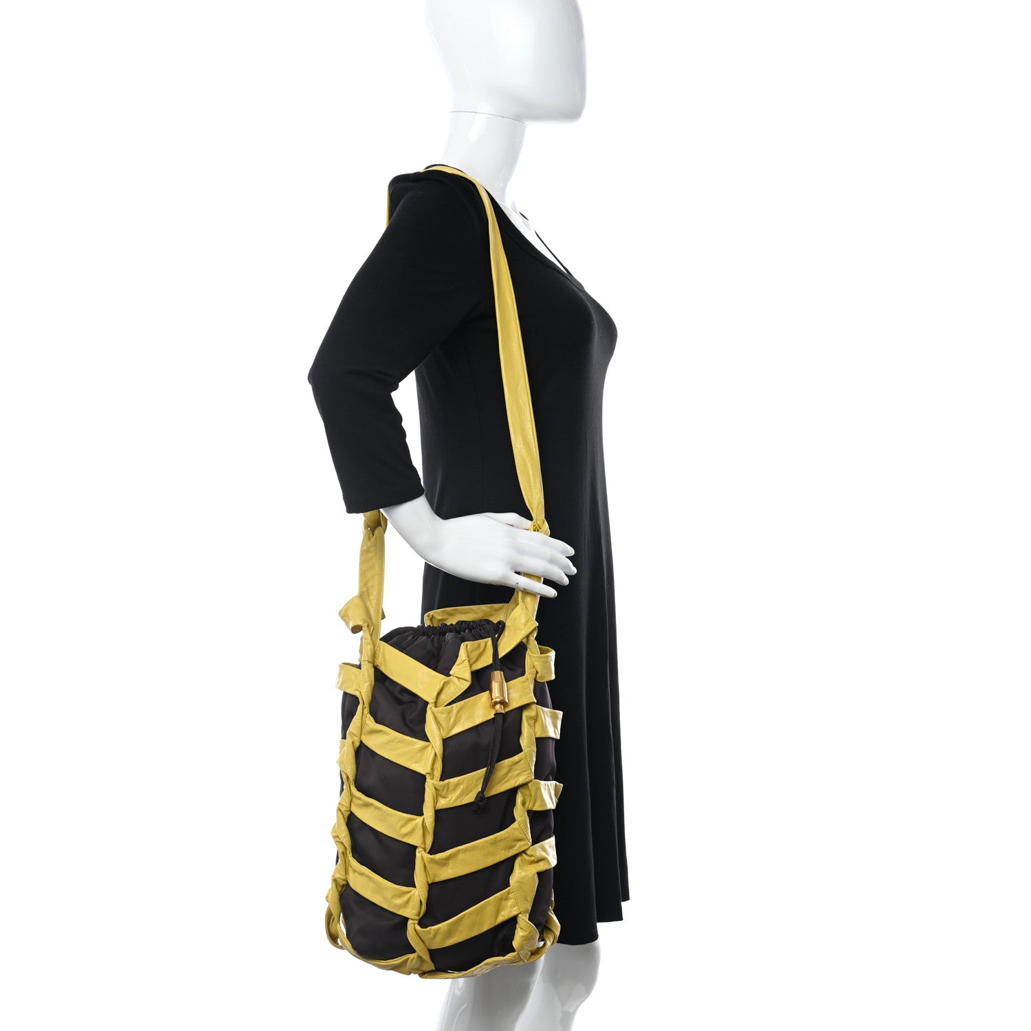 Bottega Veneta Nylon Calfskin Woven BV Tape Bucket Bag Brown Yellow 2 of 10