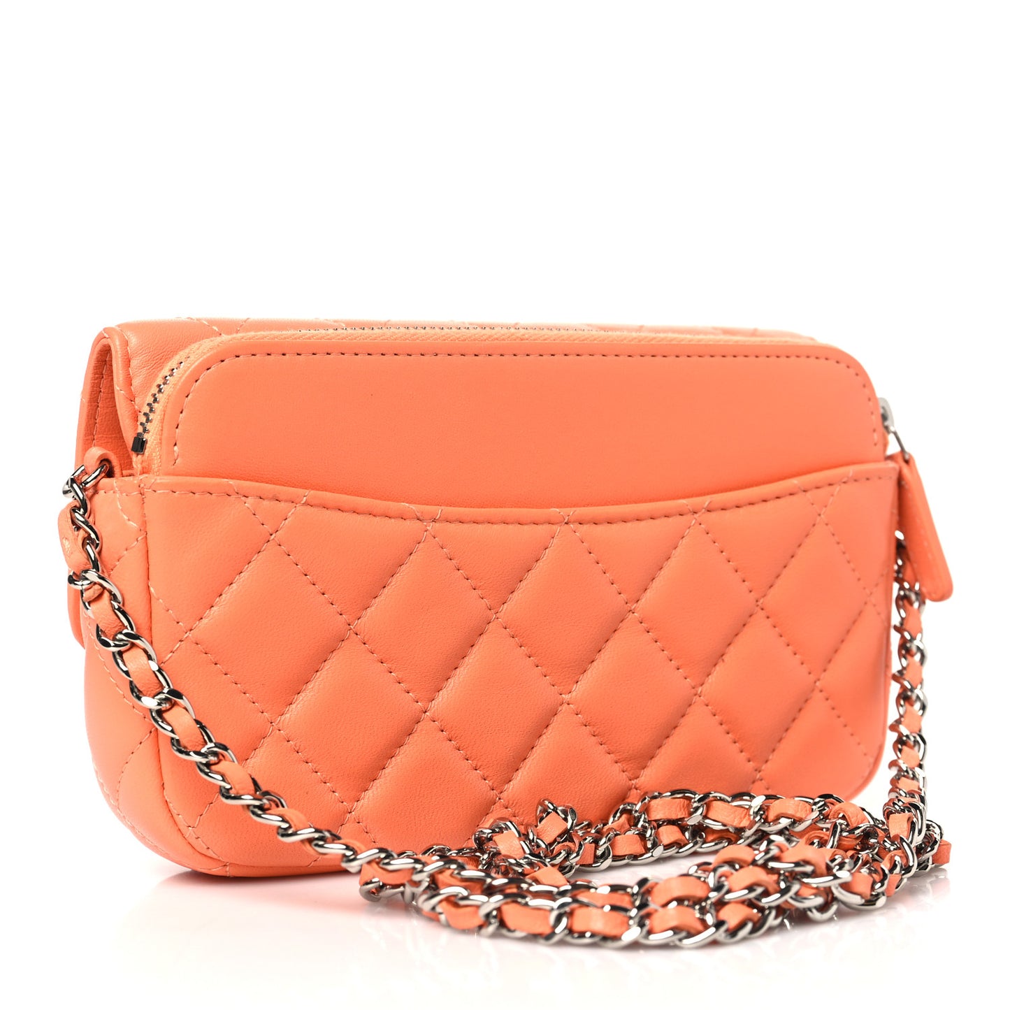 Lambskin Quilted Flap Phone Holder With Chain Orange