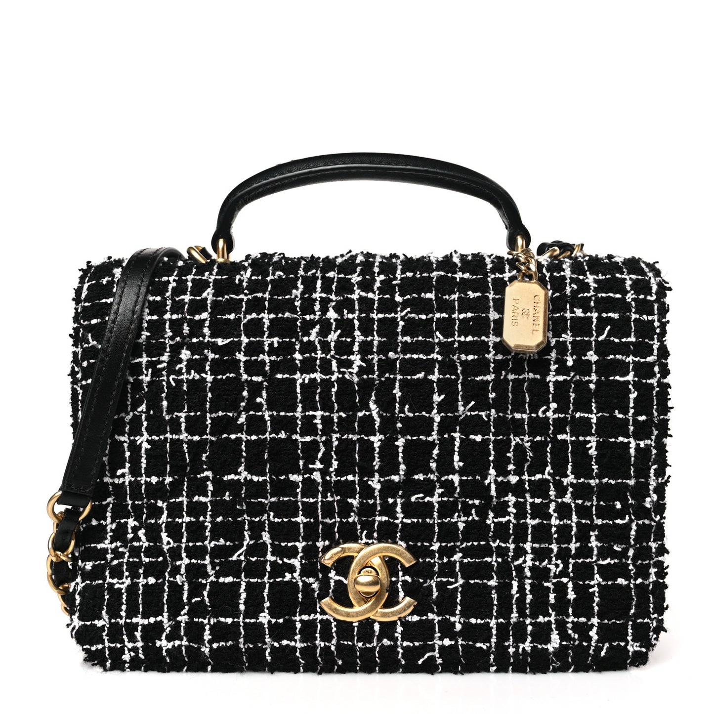 Tweed Lambskin Quilted Top Handle Flap Black White