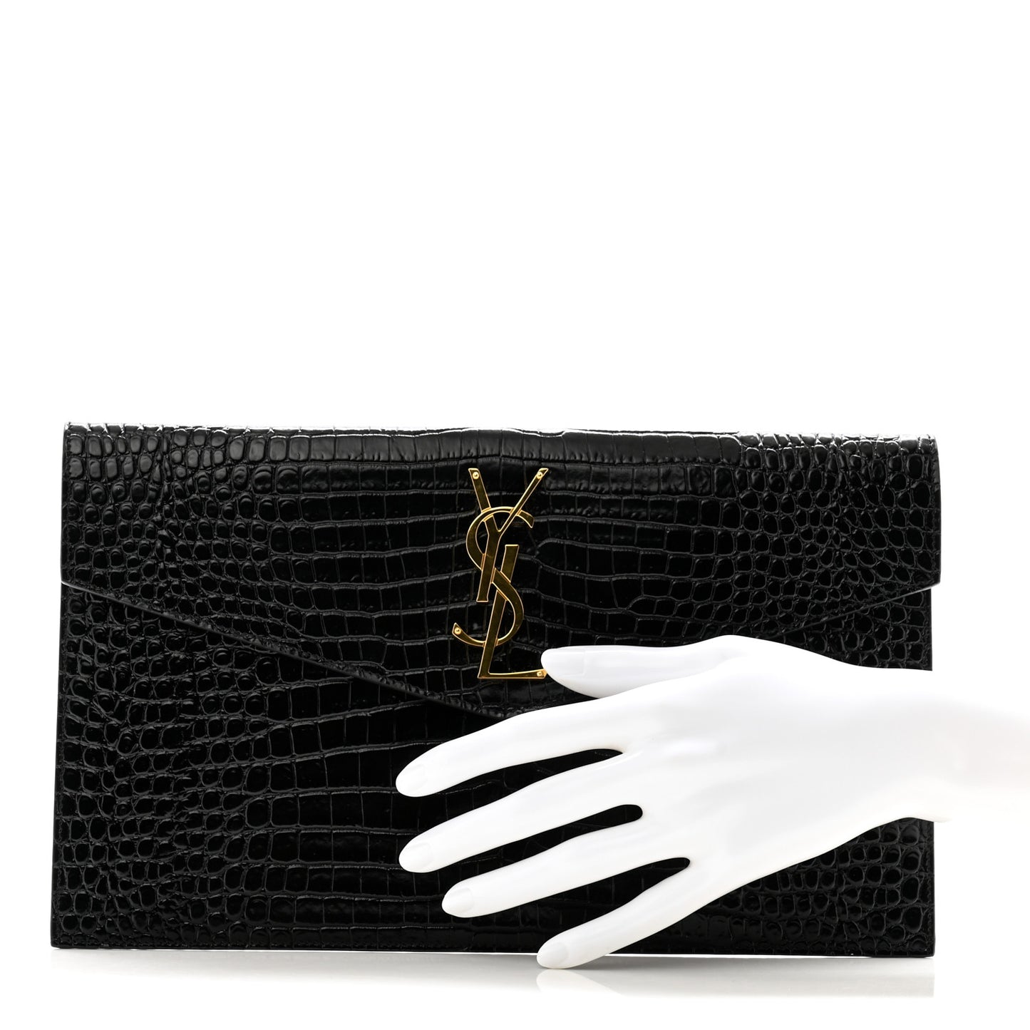 Calfskin Crocodile Embossed Uptown Monogram Clutch Black