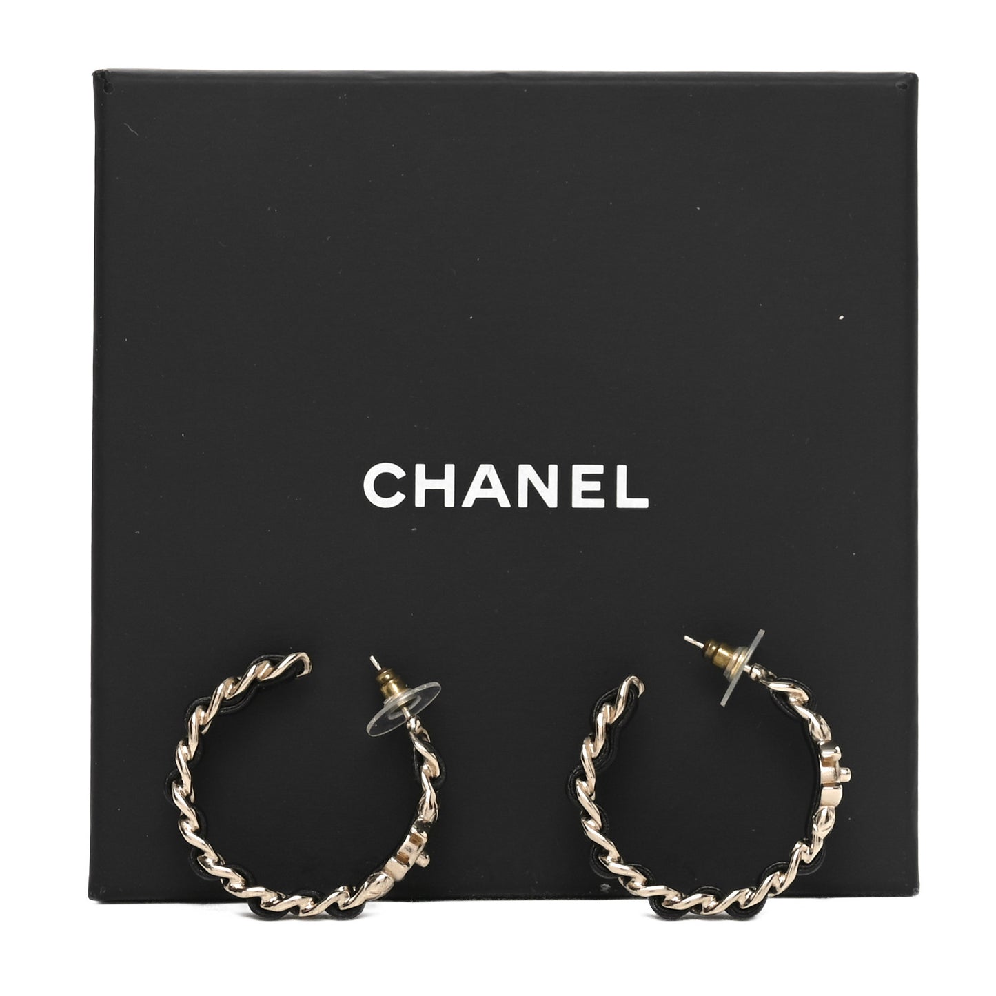 Metal Lambskin Quilted CC Turnlock Chain Hoop Earrings Gold Black