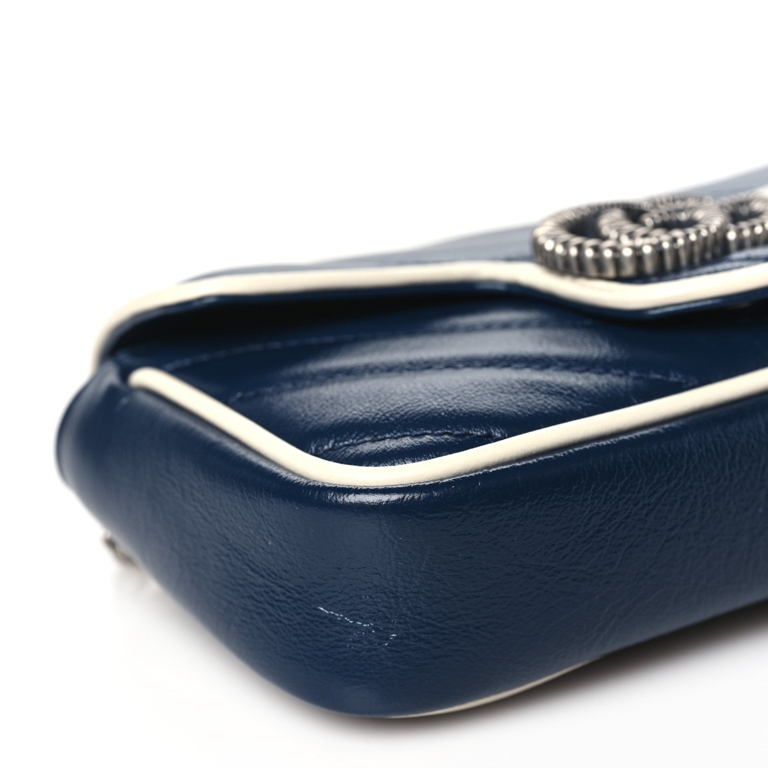 Gucci Vintage Effect Calfskin Matelasse Diagonal Super Mini Torchon GG Marmont Shoulder Bag Blue Agata Mystic White 8 of 10