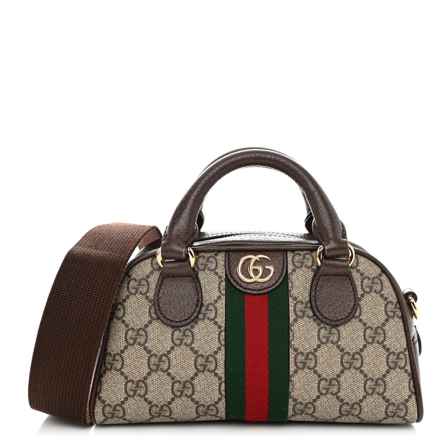 Gucci GG Supreme Monogram Textured Dollar Calfskin Web Mini Ophidia Top Handle Bowler Bag Beige Ebony New Acero 1 of 9