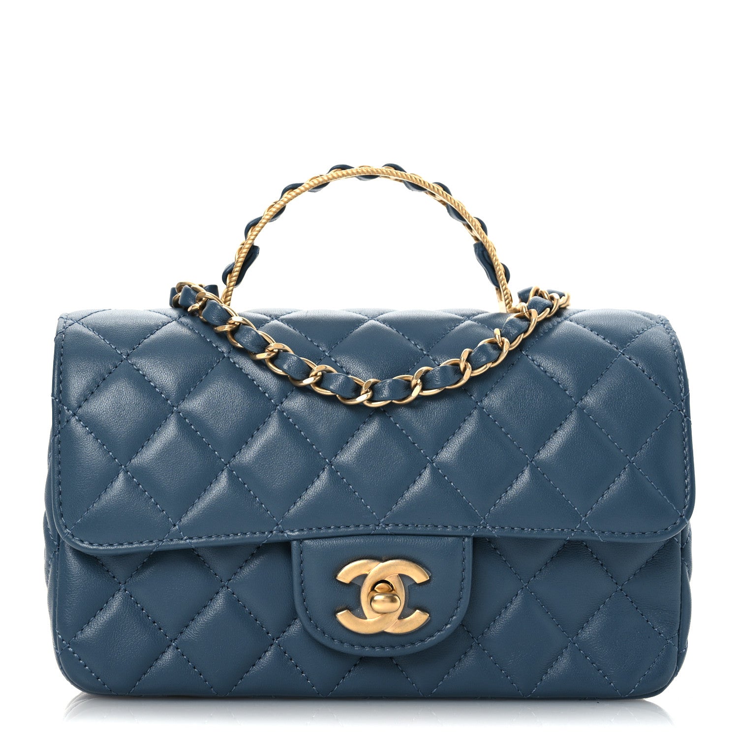 CHANEL ネイビー キルティング バッグ Chanel Lambskin Quilted Mini Metal Top Handle Rectangular Flap