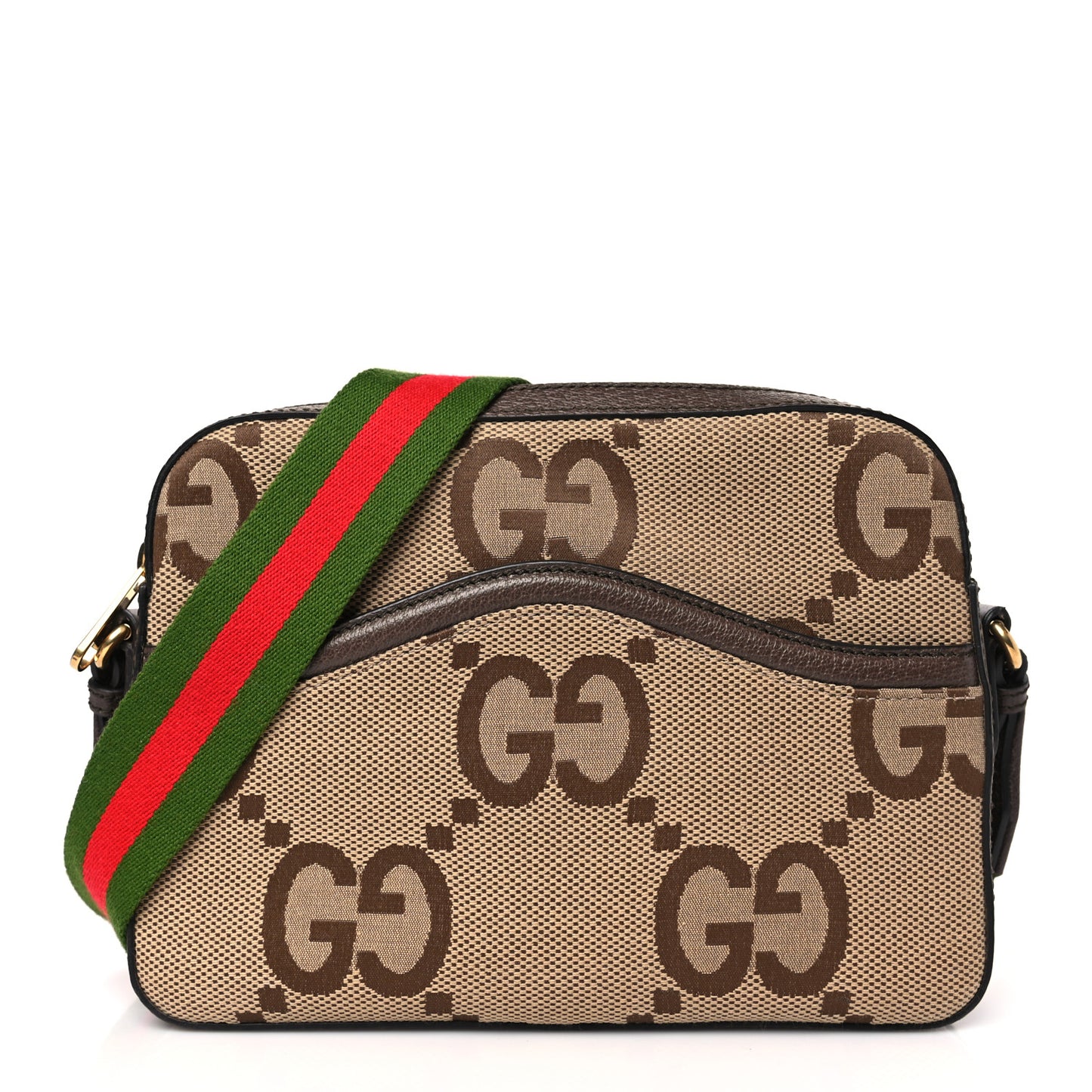 Monogram Jumbo GG Textured Dollar Calfskin Web Messenger Shoulder Bag Camel Ebony New Acero