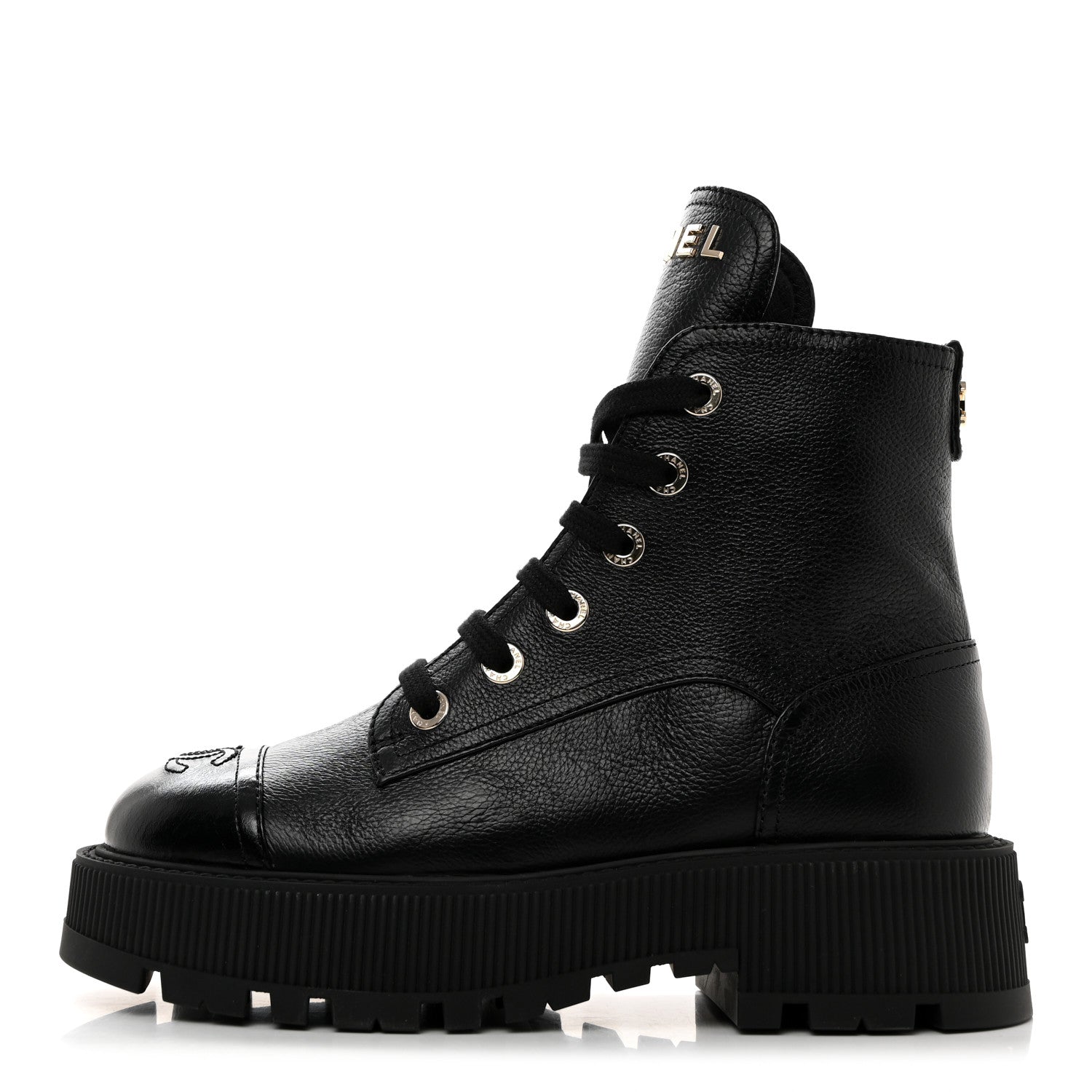 Chanel Grained Calfskin Shiny Calfskin CC Lace Up Combat Boots