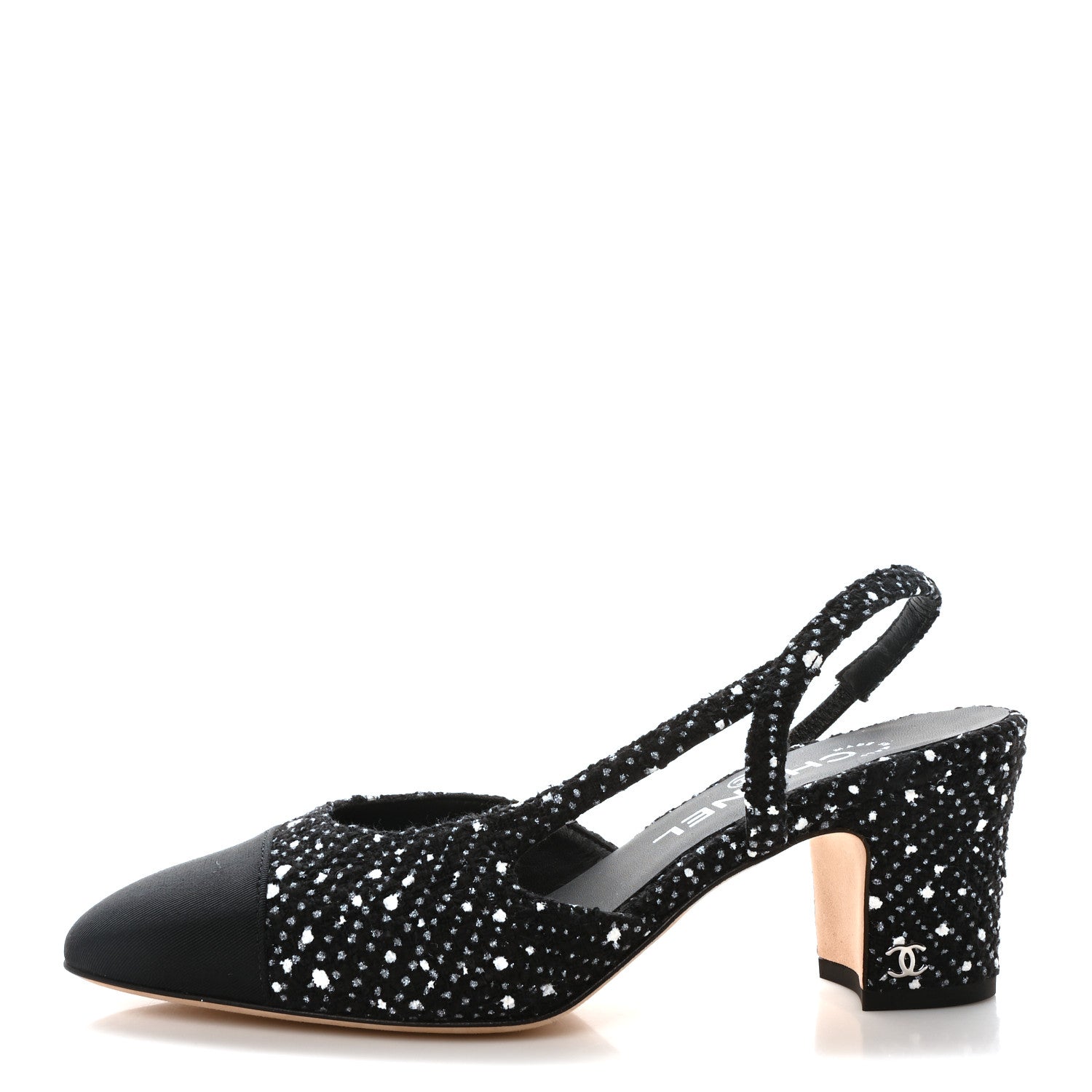 Chanel Tweed Grosgrain Cap Toe CC Slingback Pumps 37 Black White