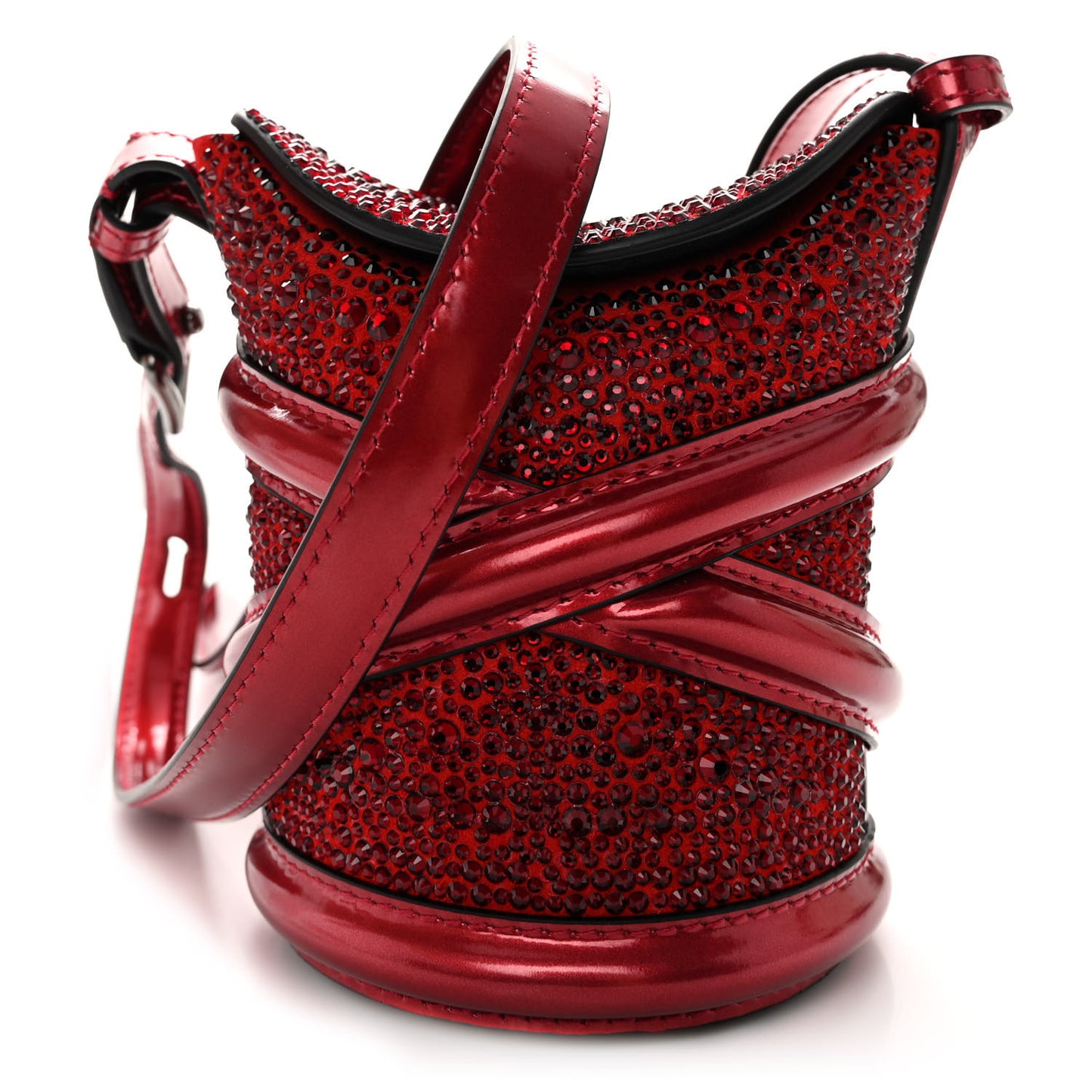 Metallic Calfskin Crystal Micro Curve Bucket Bag Red