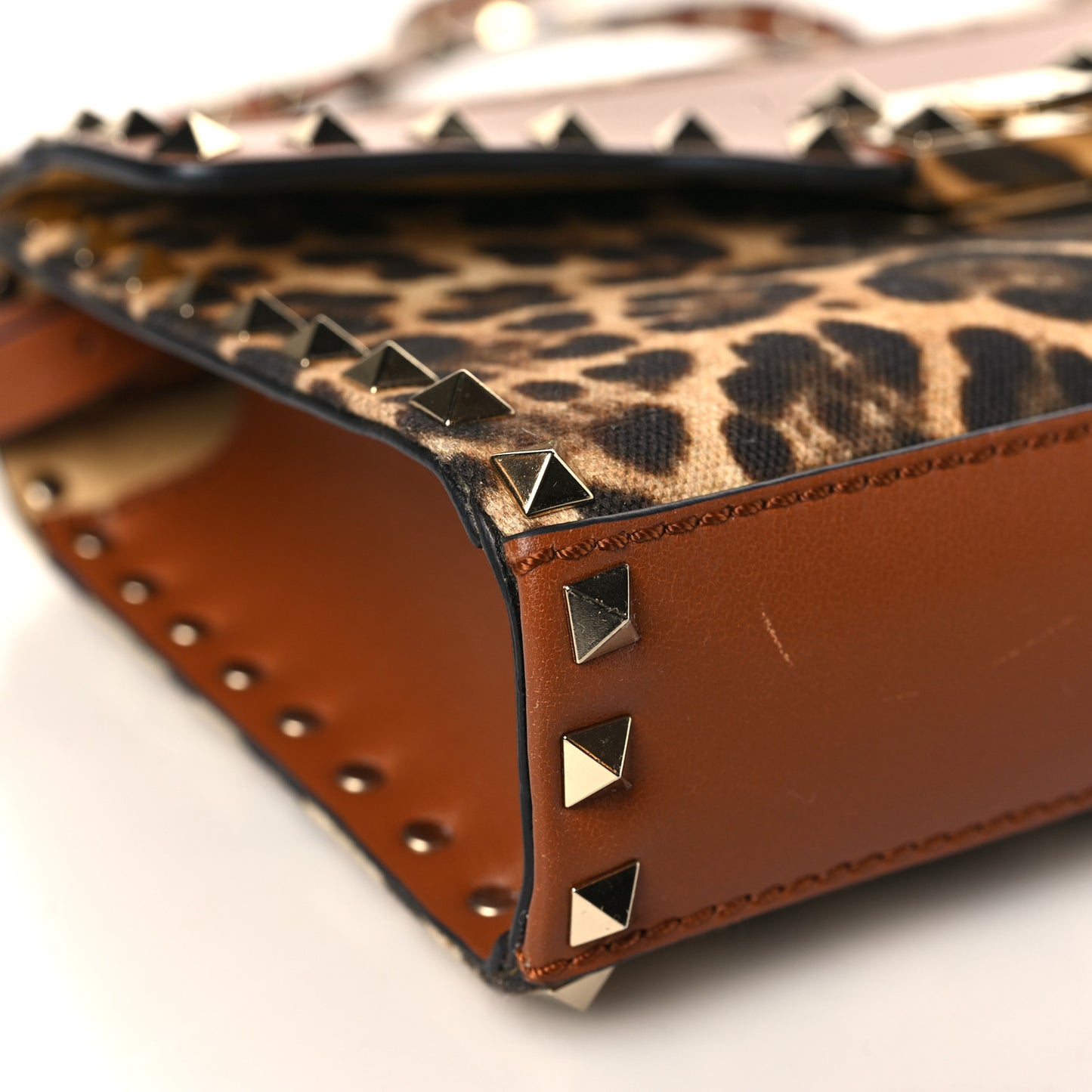 Calfskin Canvas Leopard Print Medium Rockstud Flip Lock Crossbody Bag Tan