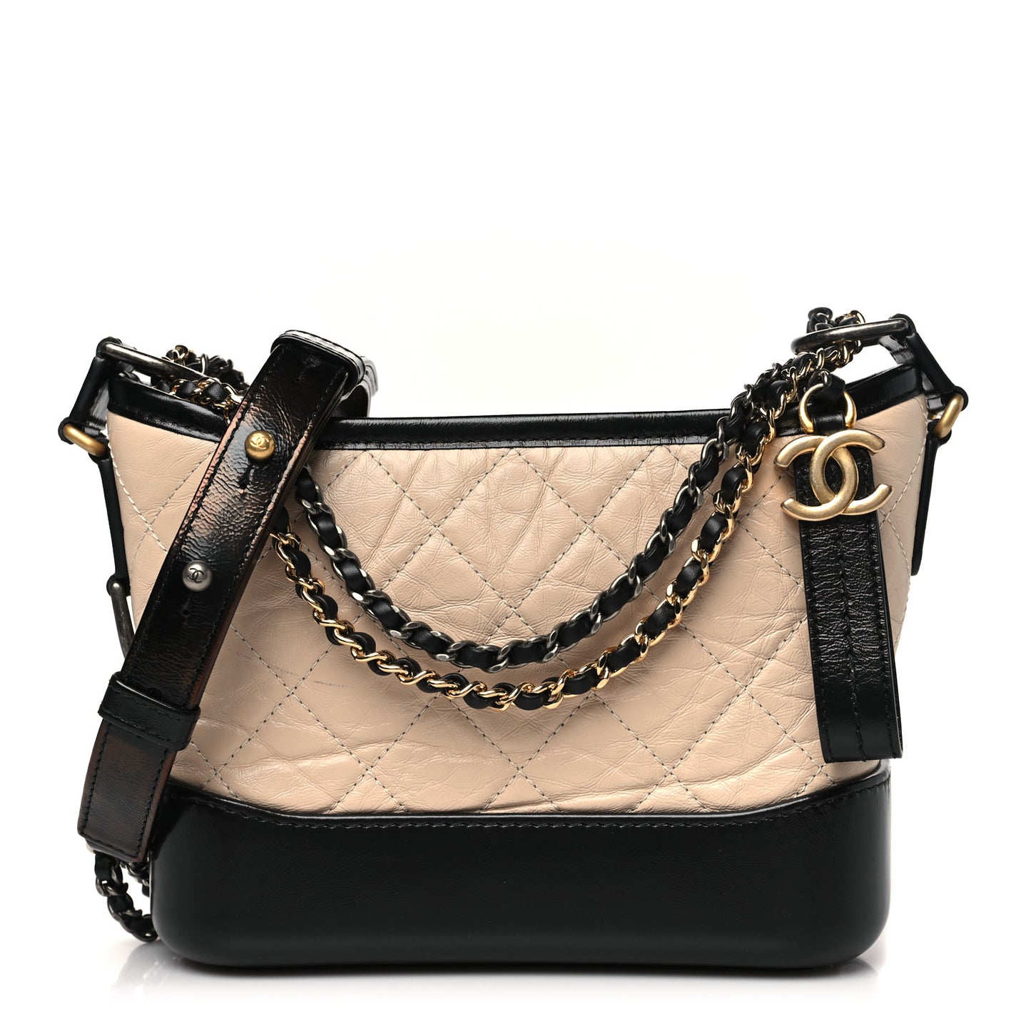 Aged Calfskin Quilted Small Gabrielle Hobo Beige Black