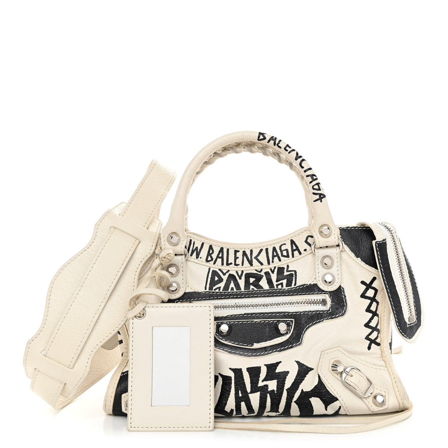 Agneau Arena Graffiti All Over Classic Silver Hardware Mini City White Black