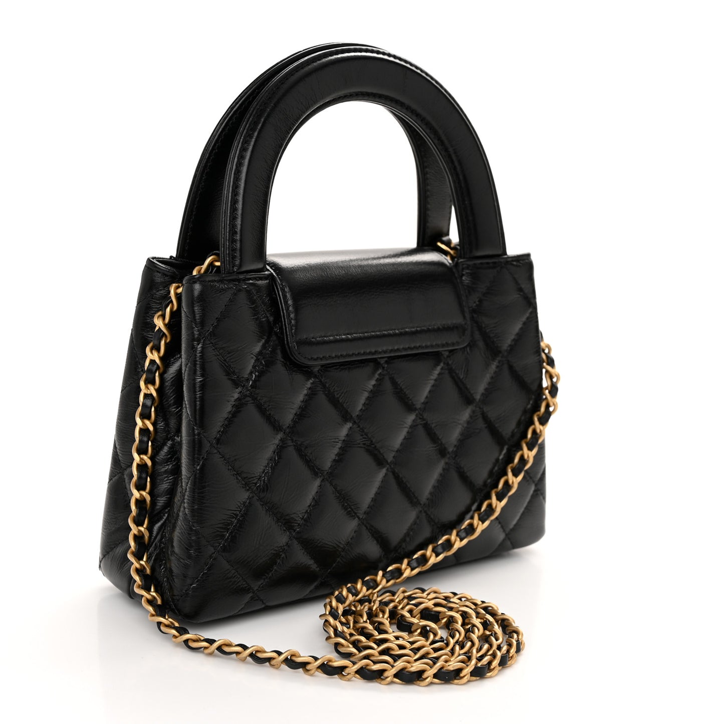 Shiny Aged Calfskin Quilted Nano Kelly Shopper Black