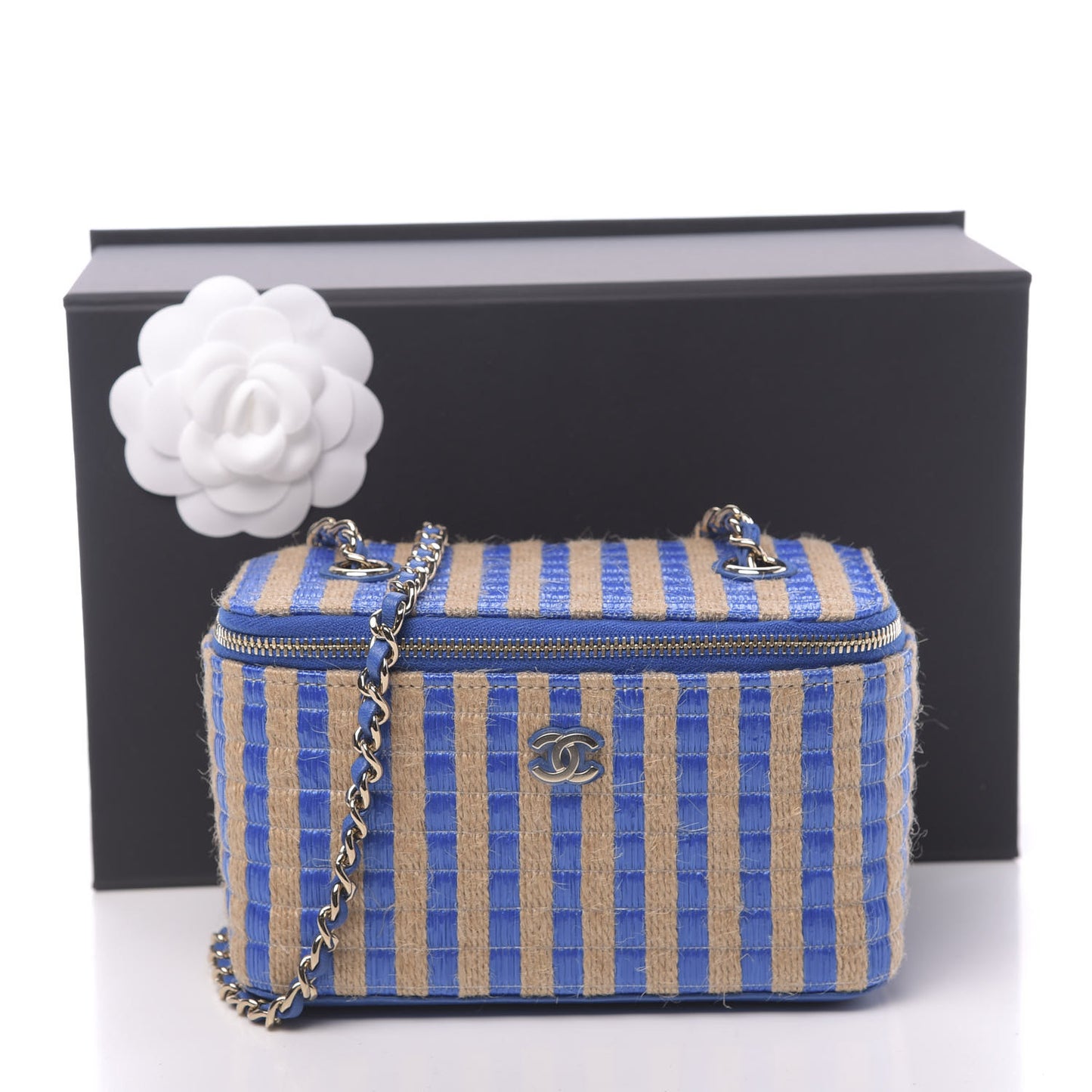 Raffia Jute Striped Small Vanity Case With Chain Blue Beige