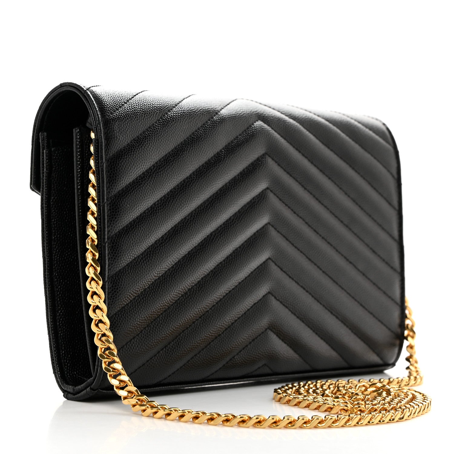 Saint Laurent Grain De Poudre Matelasse Chevron Monogram Chain Wallet Black 3 of 10