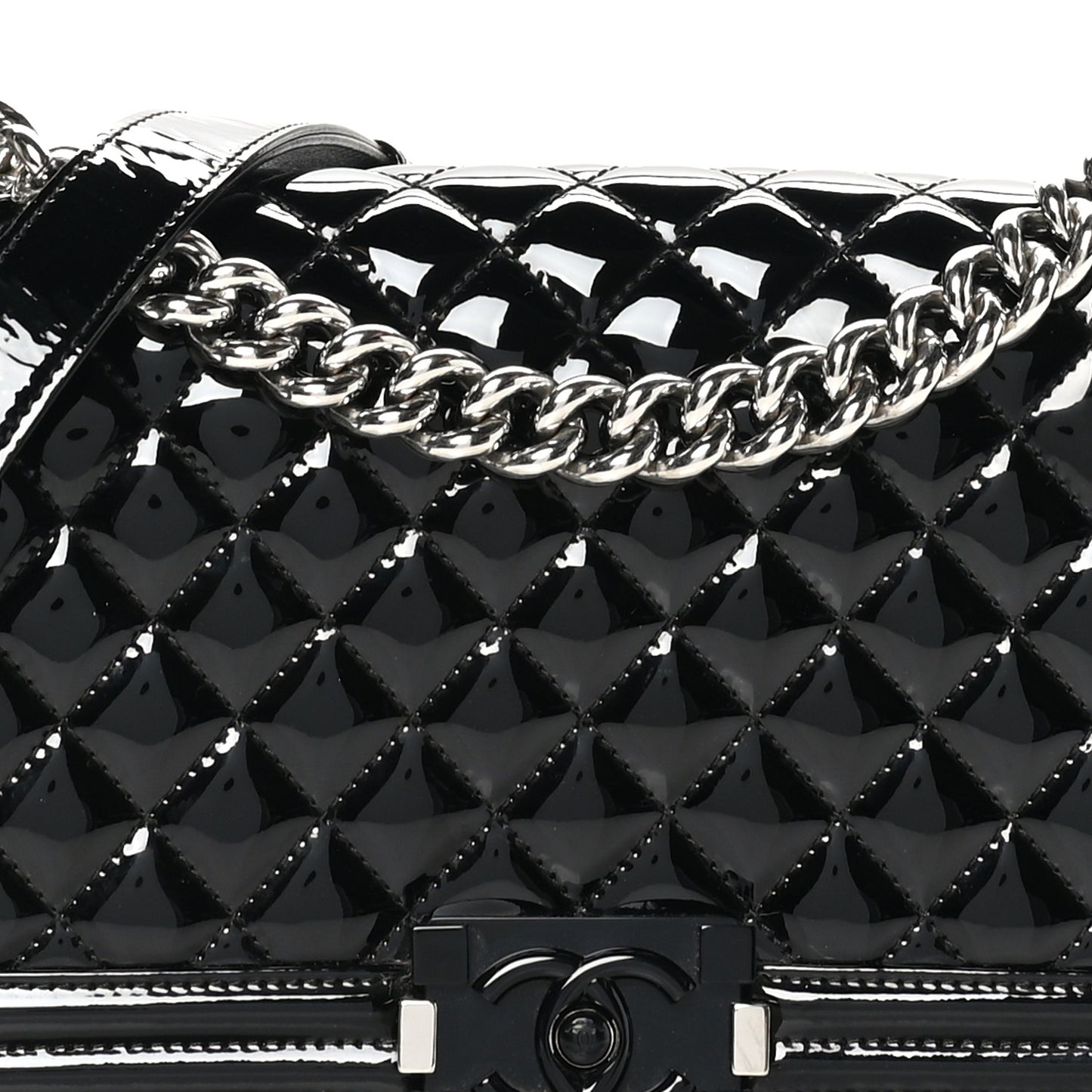 Patent Calfskin Quilted Medium Plexiglass Boy Flap Black