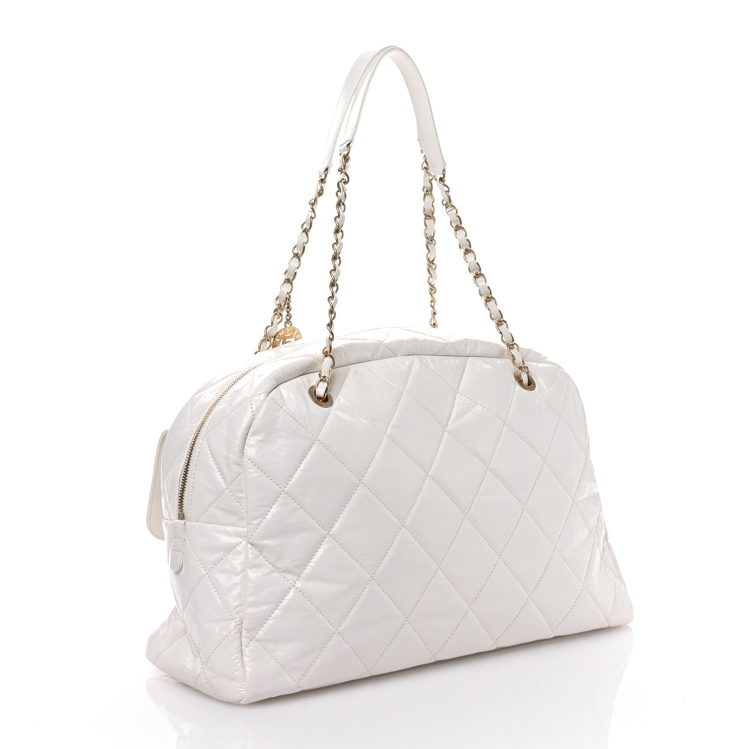 Chanel Shiny Crumpled Calfskin Quilted Large Bowling Bag White 2 of 13