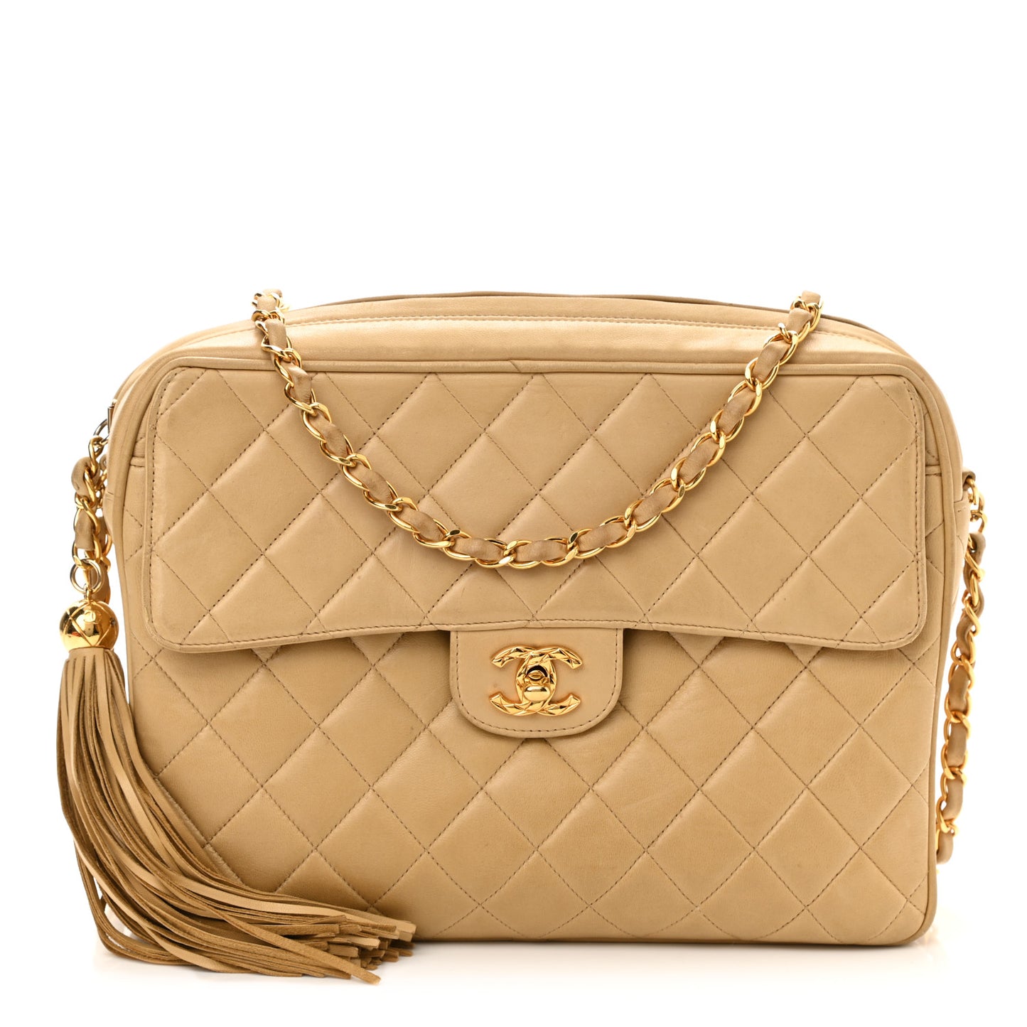 Lambskin Quilted Flap Camera Case Beige Clair
