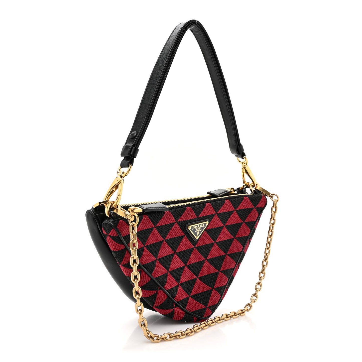 Jacquard Calfskin Triangolo Symbole Embroidered Mini Triangle Double Bag Black Ciliegia