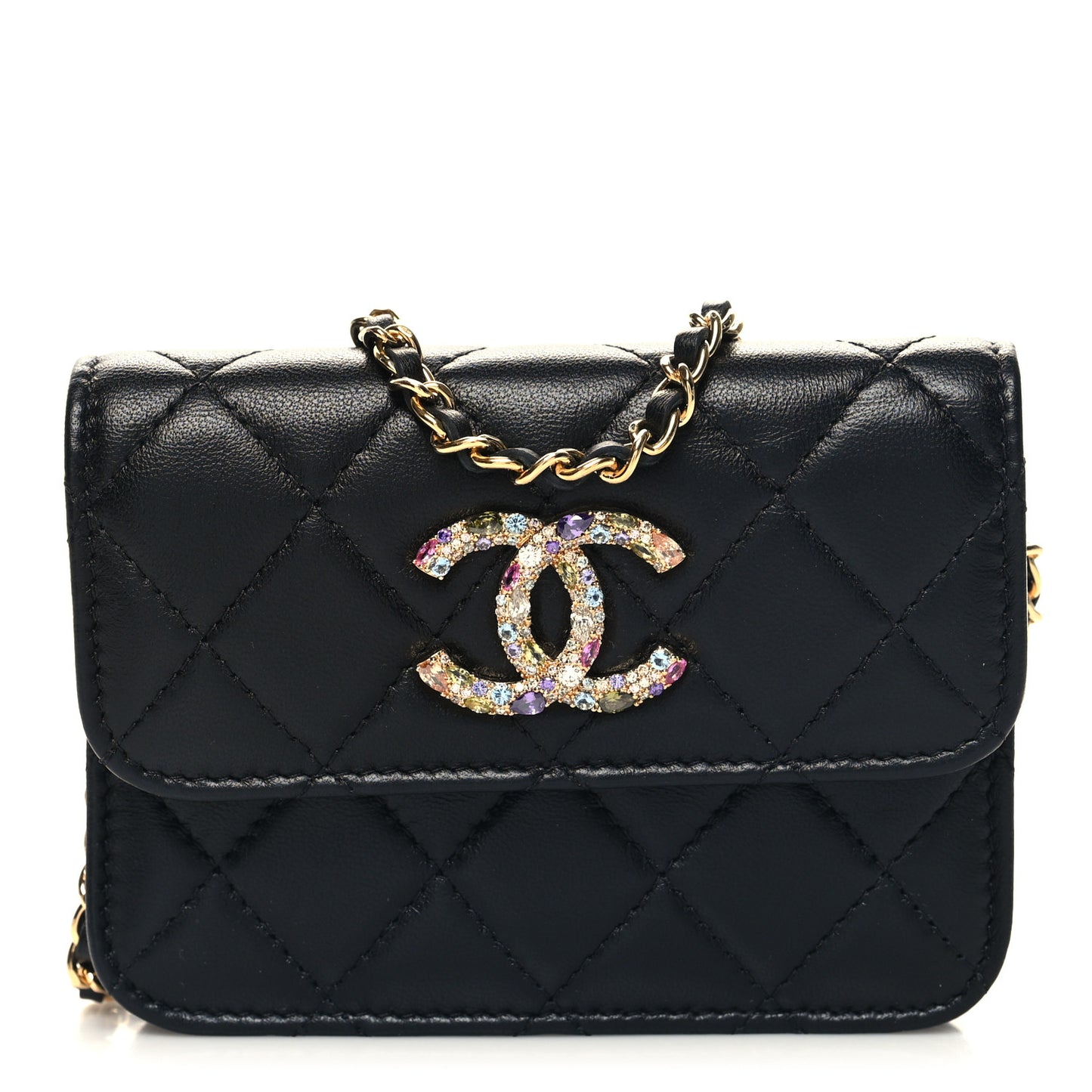 Lambskin Quilted Zirconium Clutch With Chain Black