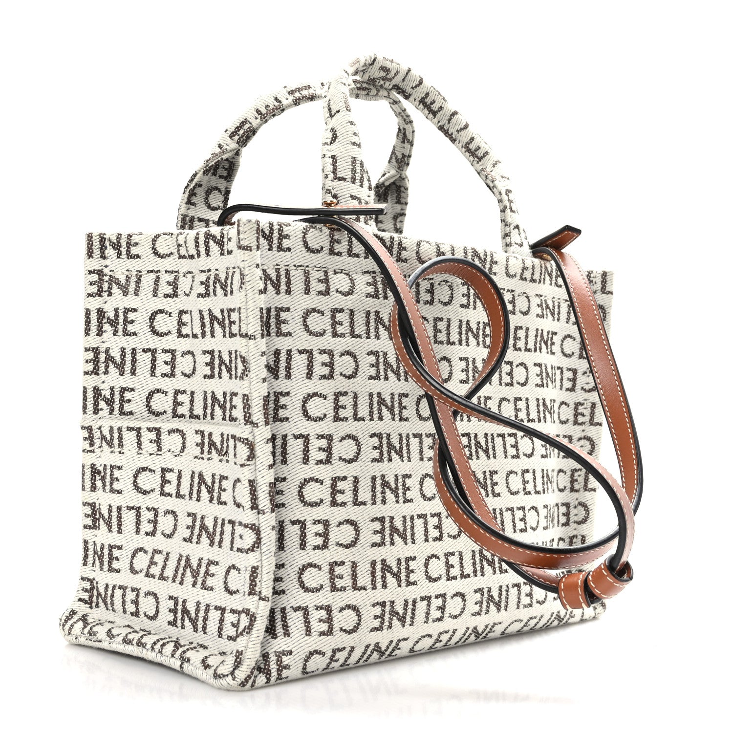 Celine Canvas Calfskin All Over Print Small Cabas Thais White Tan 3 of 10