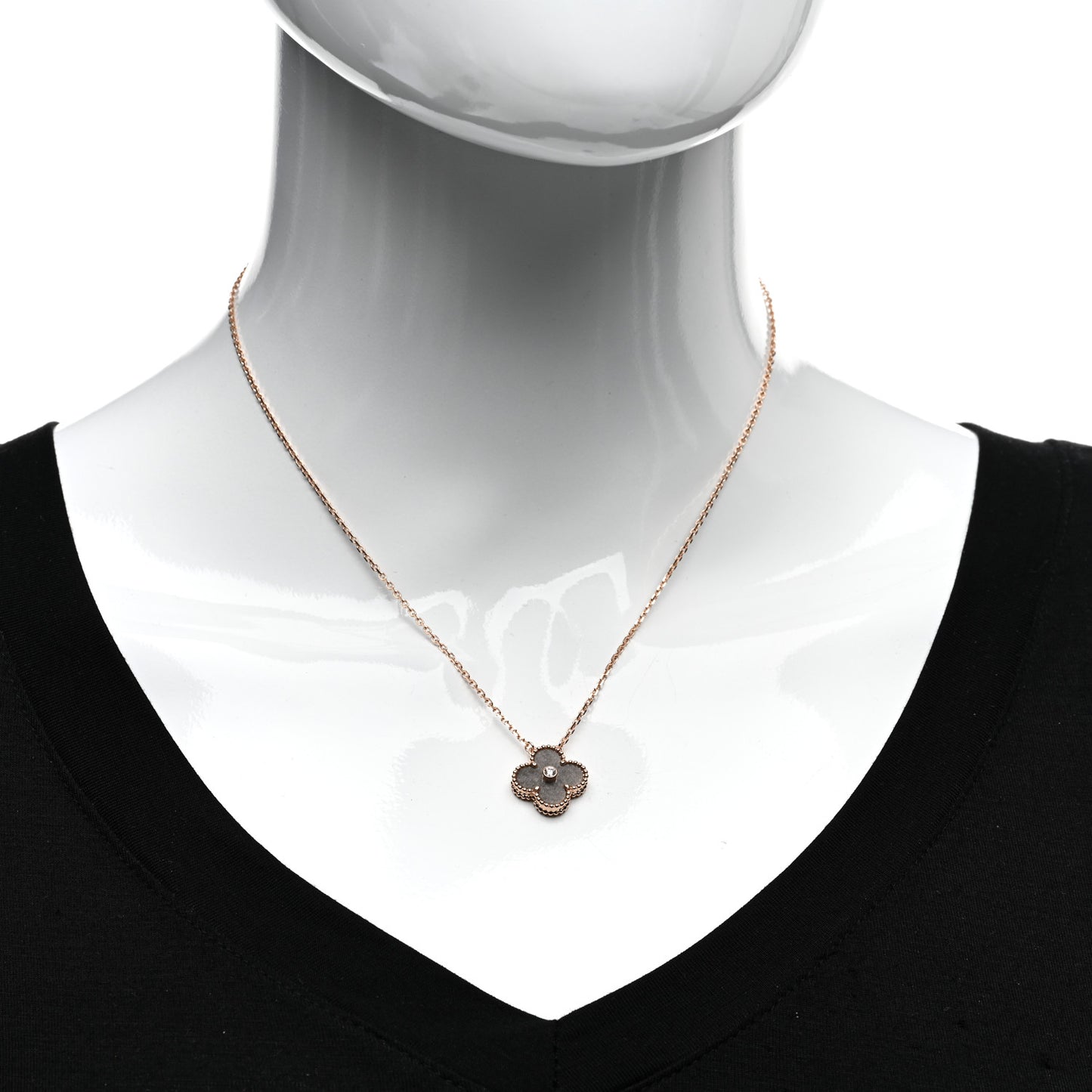 18K Rose Gold Diamond Silver Obsidian Vintage Alhambra Pendant Necklace