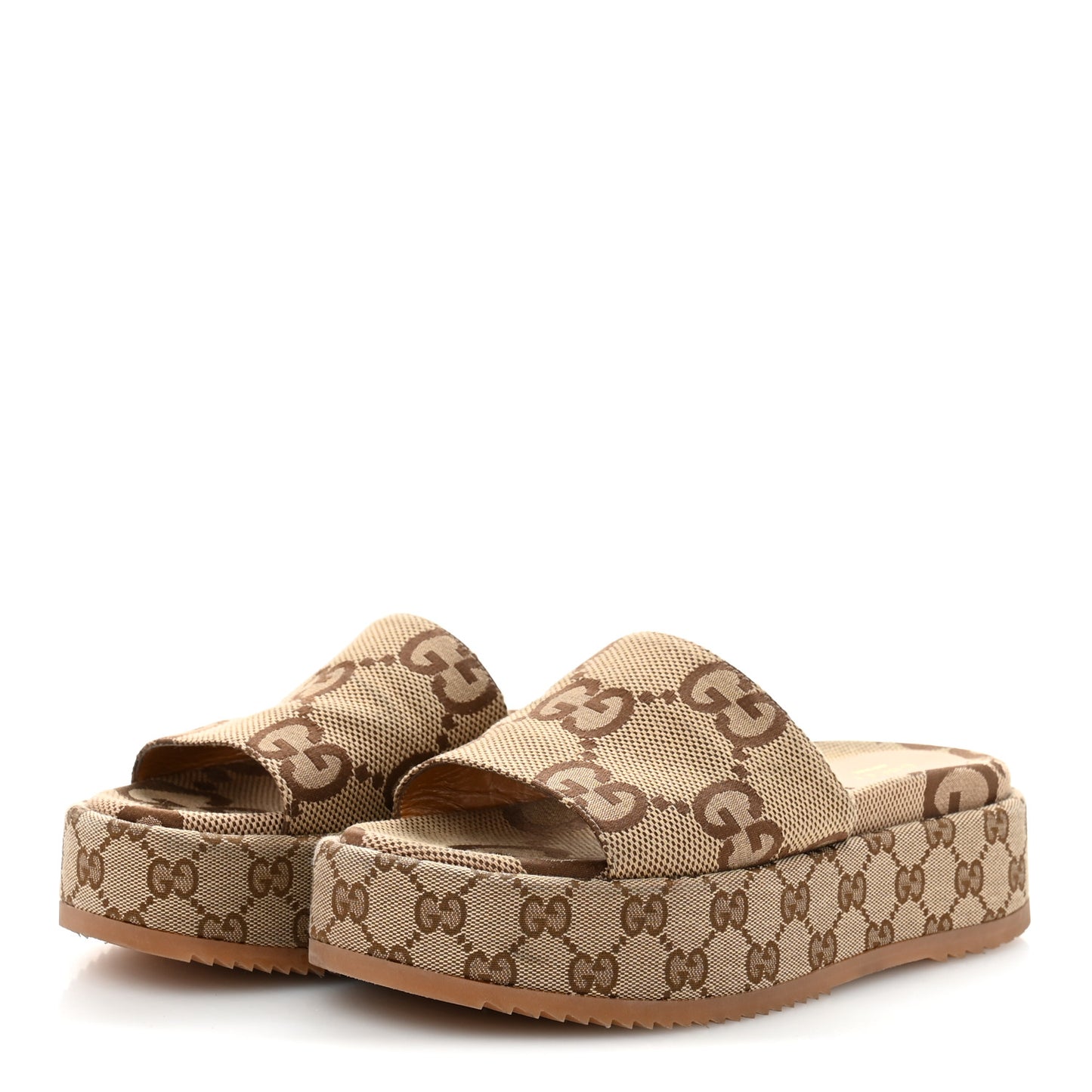 Monogram Maxi GG Angelina Platform 55mm Slide Sandals 38.5 Camel Ebony