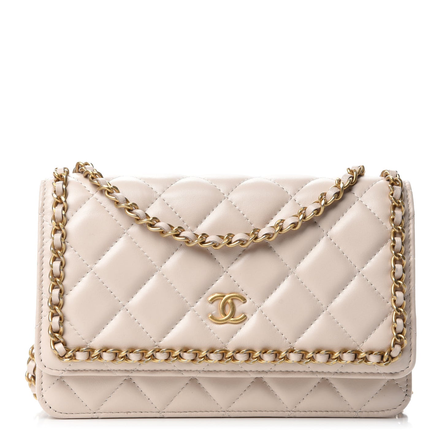 Lambskin Quilted Chain Around Wallet On Chain WOC Beige