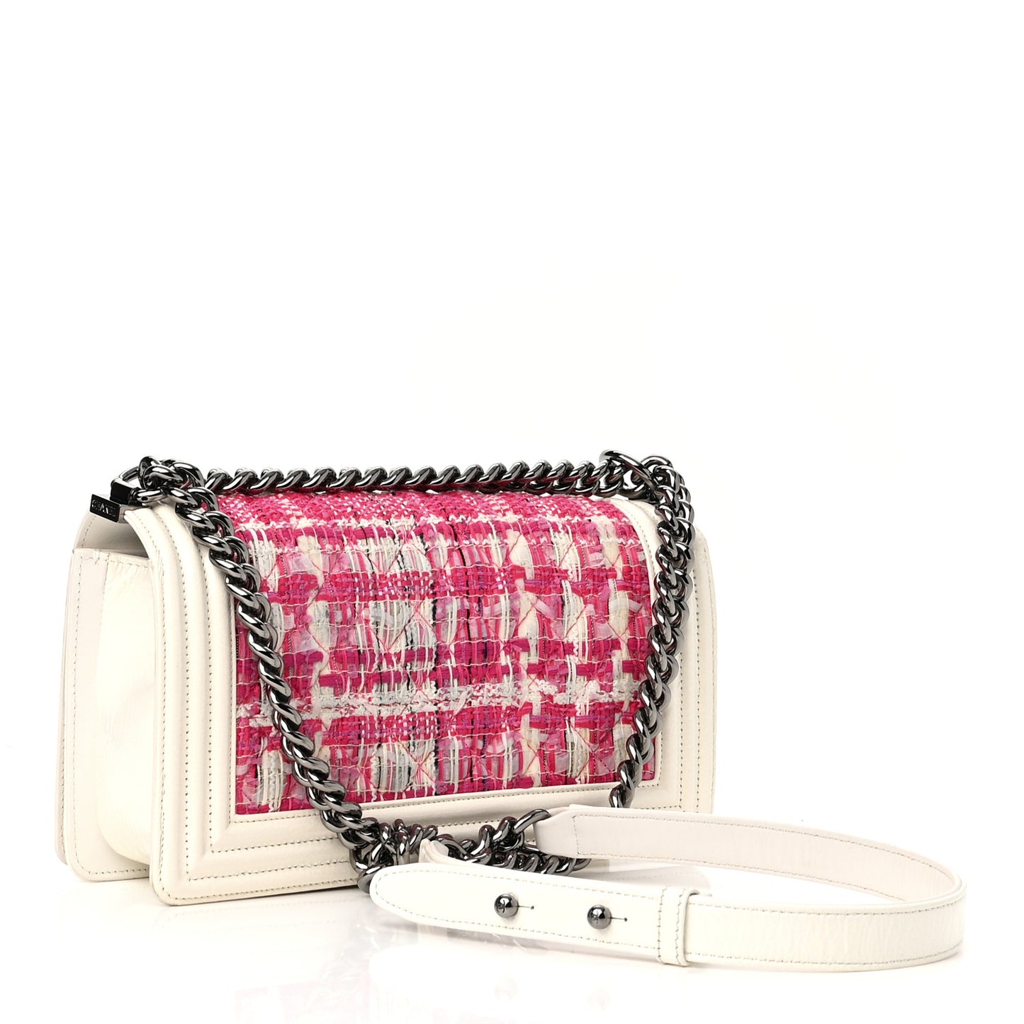 Patent Tweed Medium Boy Flap White