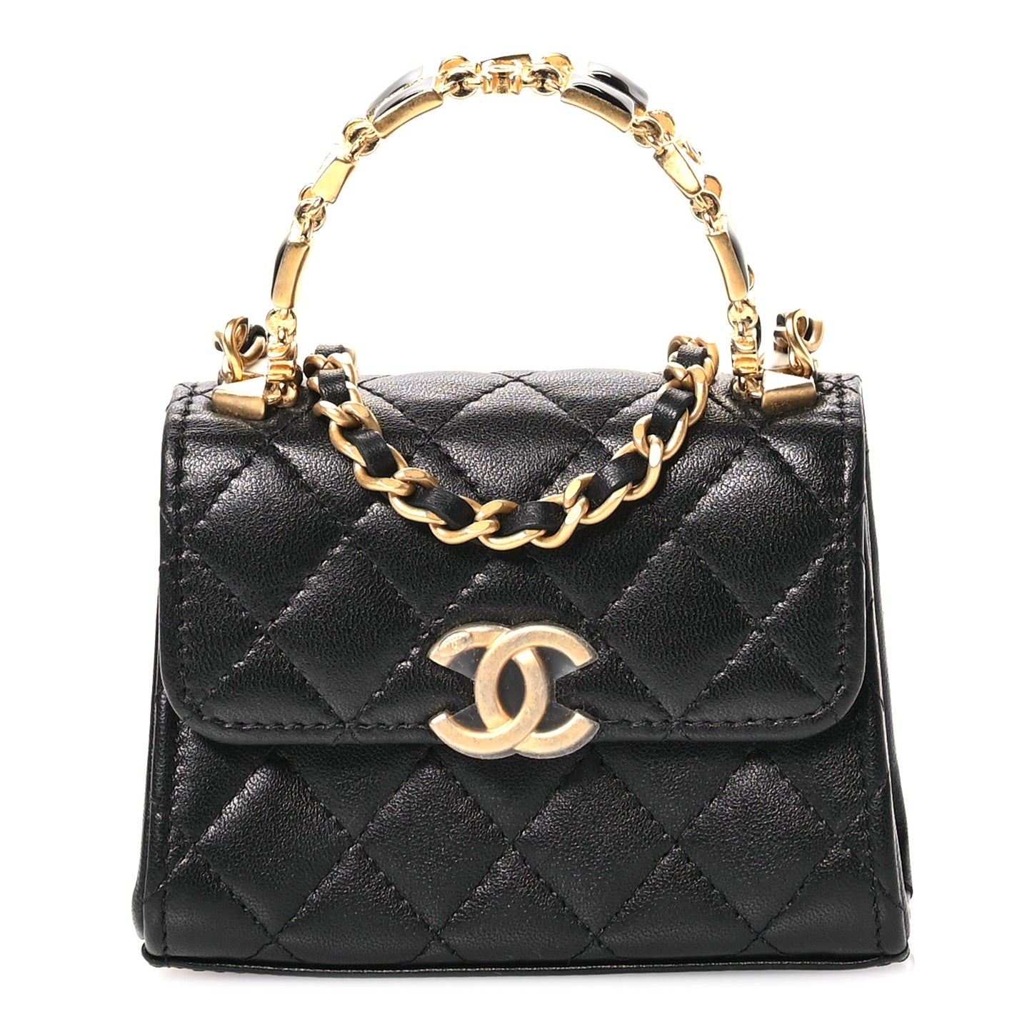 Lambskin Enamel Quilted Mini Top Handle Flap Black