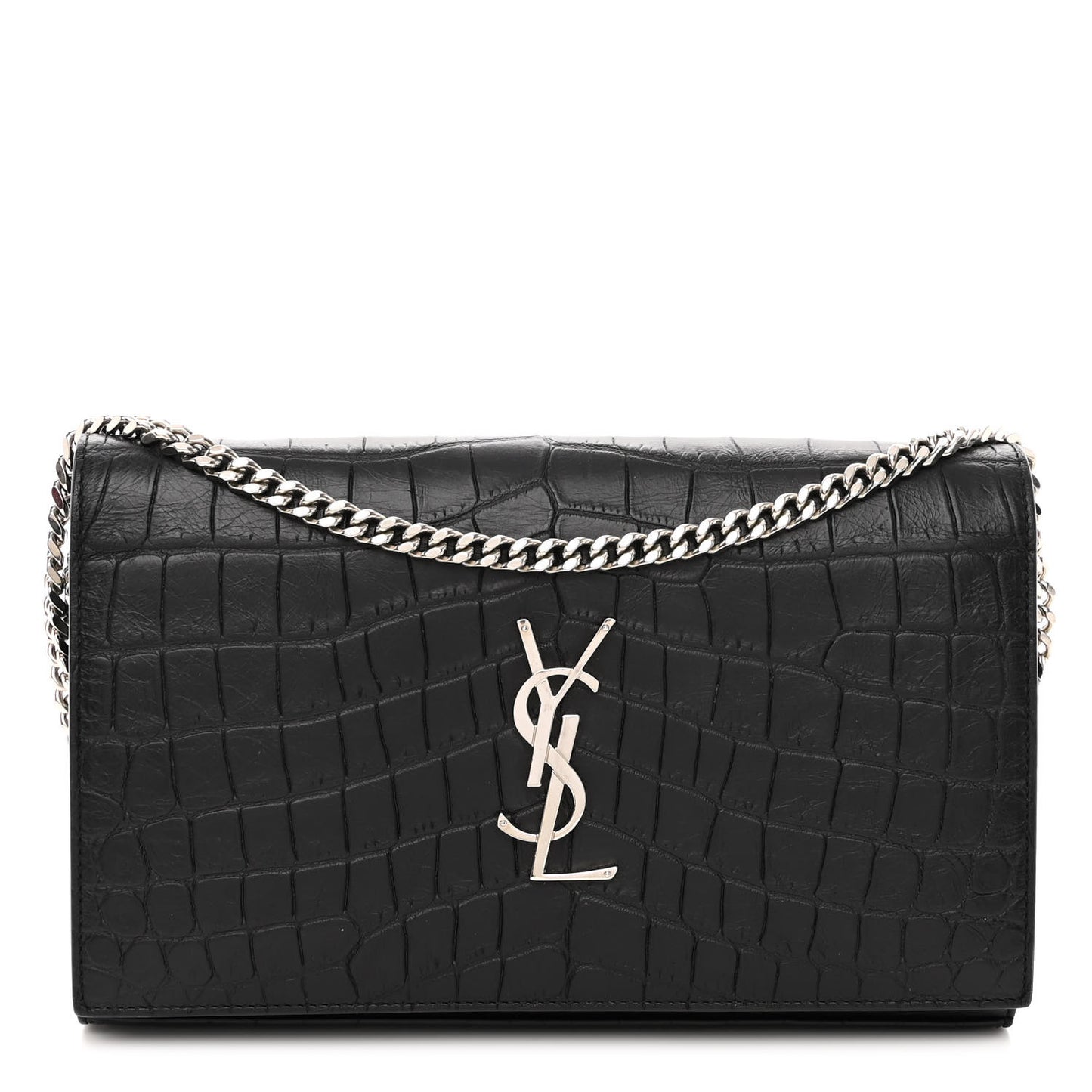Calfskin Crocodile Embossed Monogram Chain Wallet Black