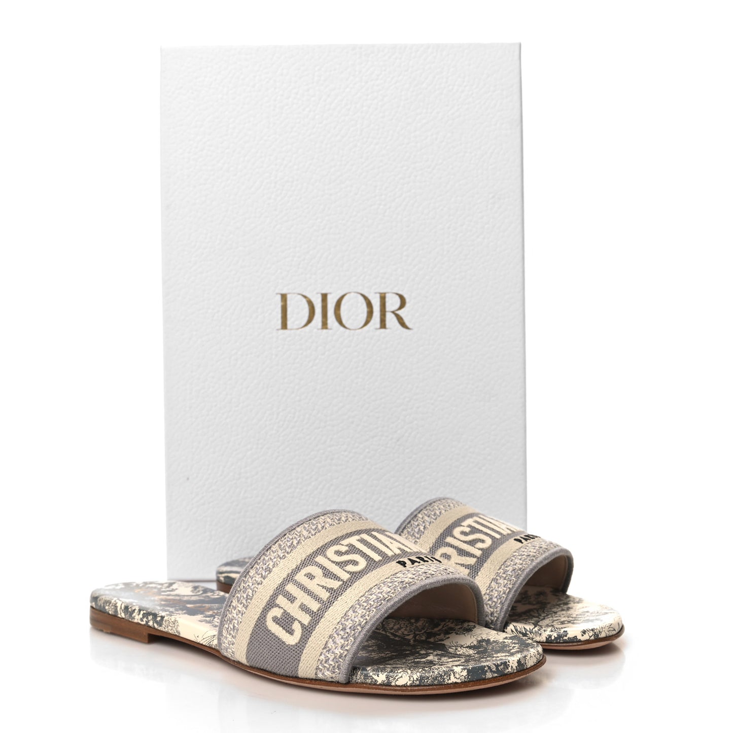 Canvas Toile De Jouy Embroidered Dway Flat Slide Sandals 35.5 Light Grey