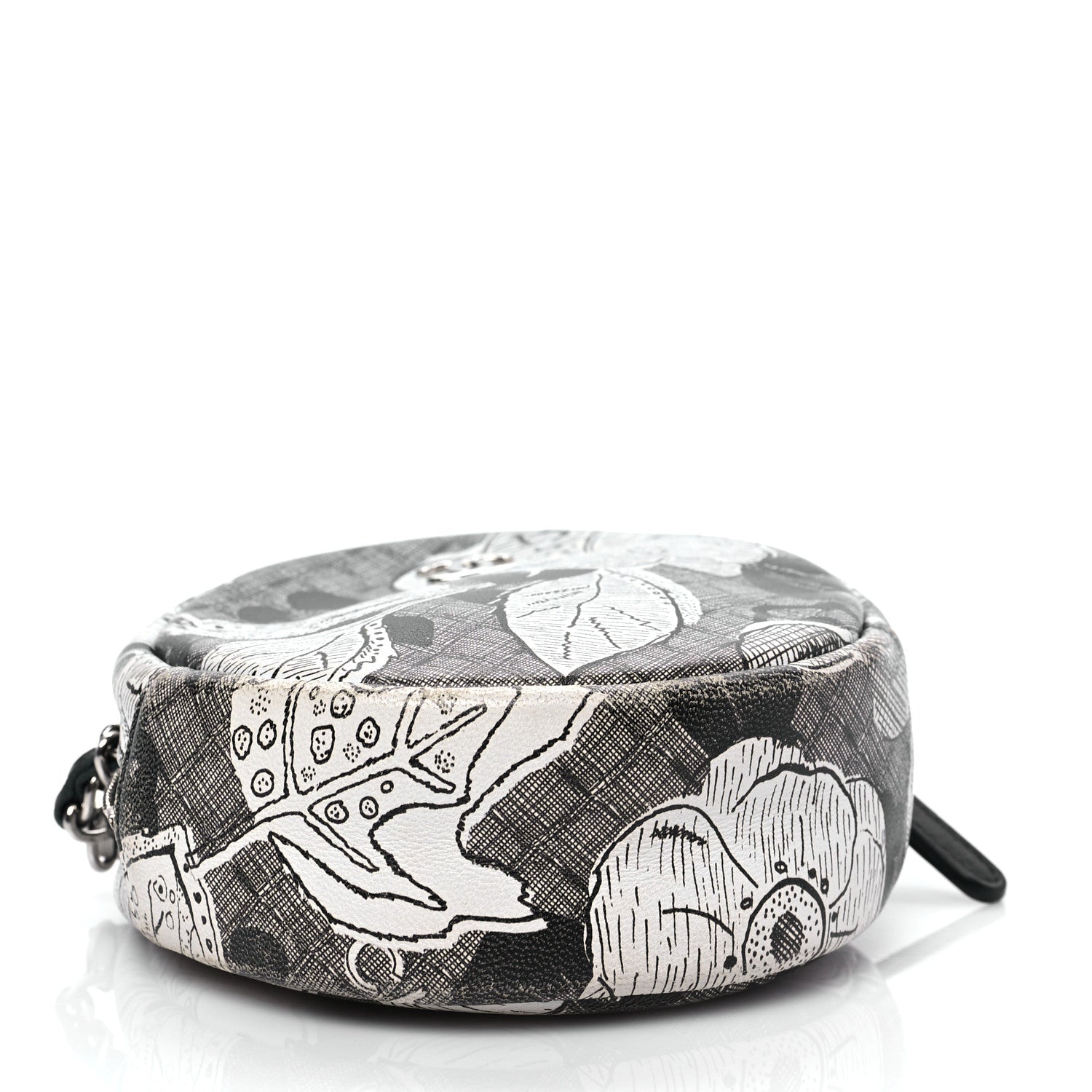 Chanel Calfskin Floral Print Round Clutch With Chain Black White 3 of 7