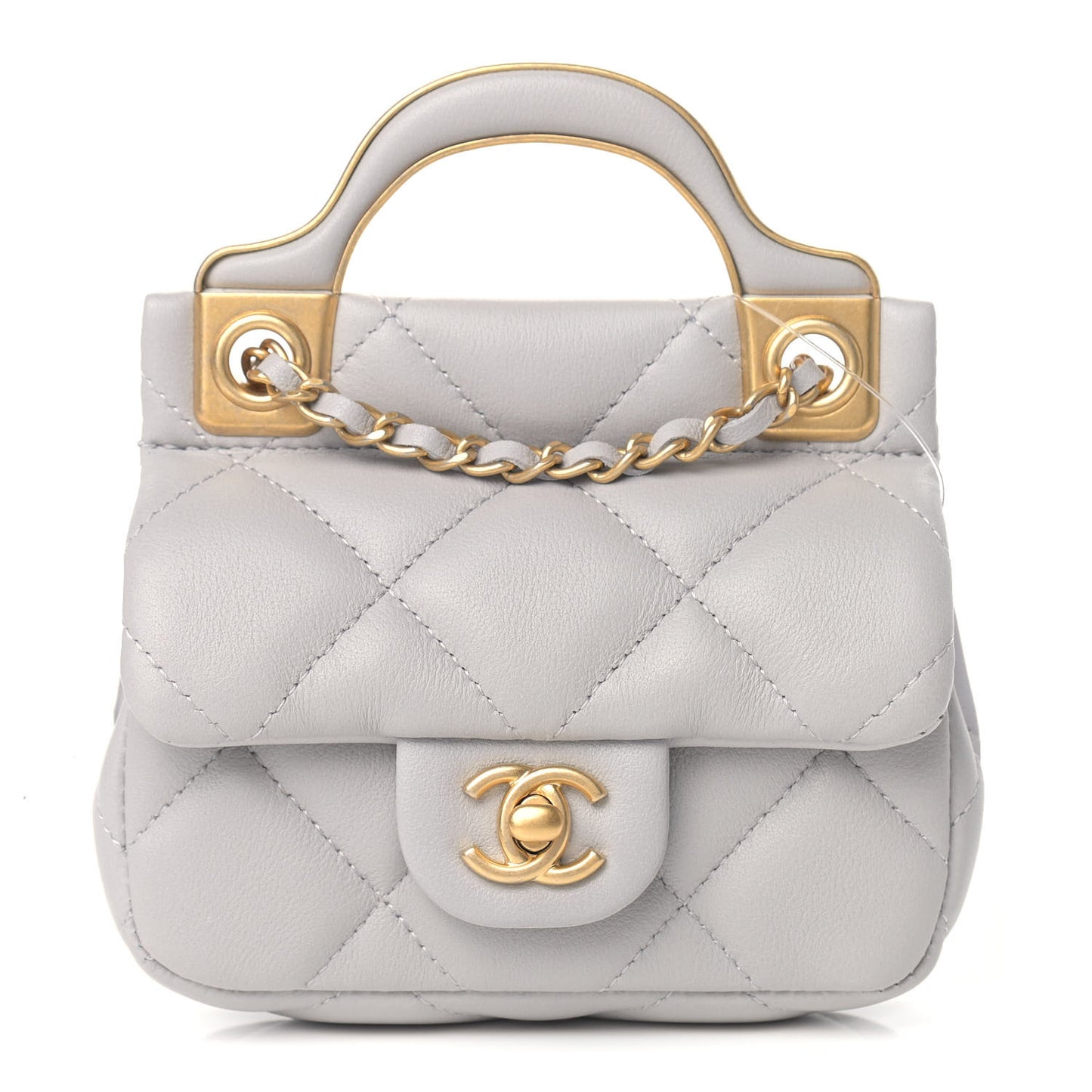 Calfskin Quilted Lady Handle Flap Card Holder With Chain Grey