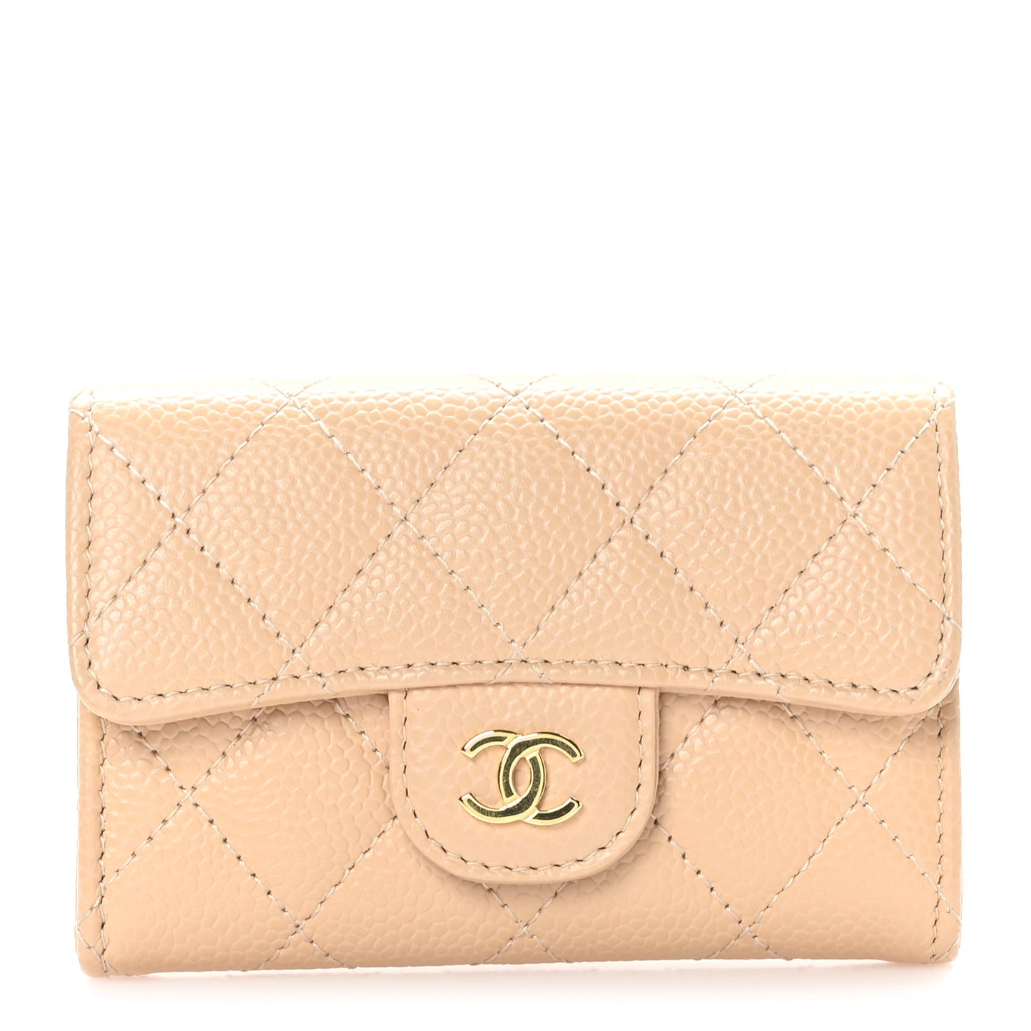 Caviar Quilted Flap Card Holder Wallet Beige