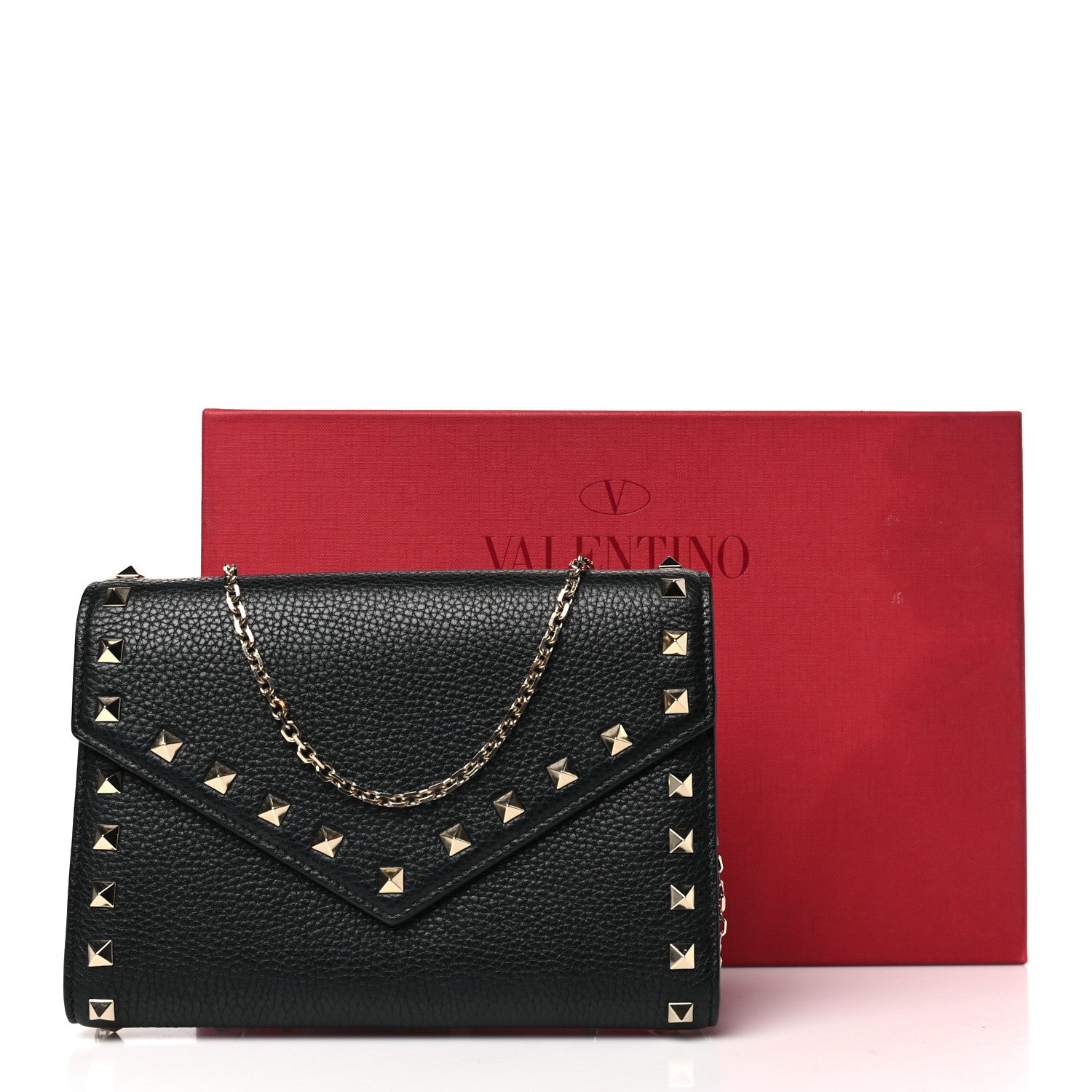 Valentino Garavani Pebbled Calfskin Rockstud Envelope Wallet on Chain Black 10 of 10