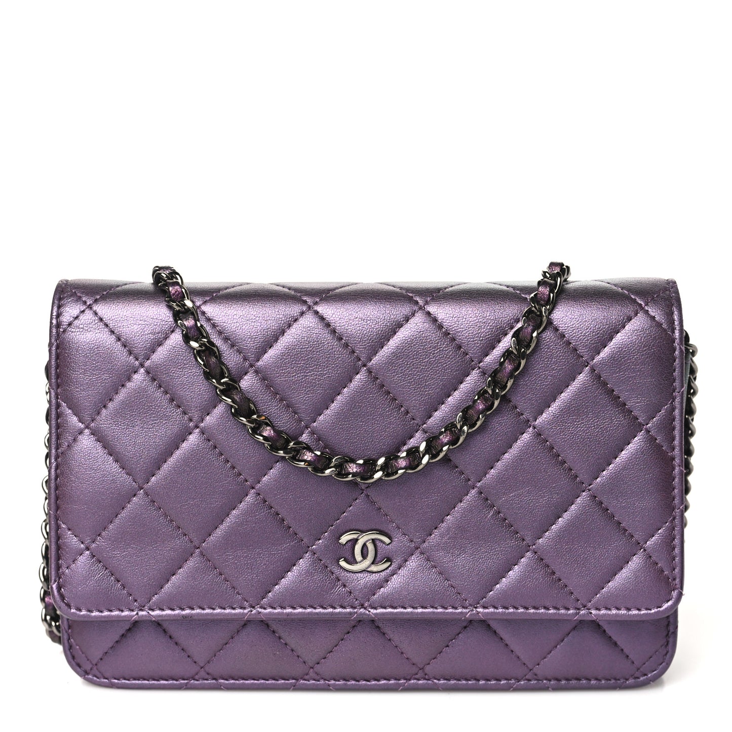 Iridescent Lambskin Quilted Wallet On Chain WOC Dark Purple