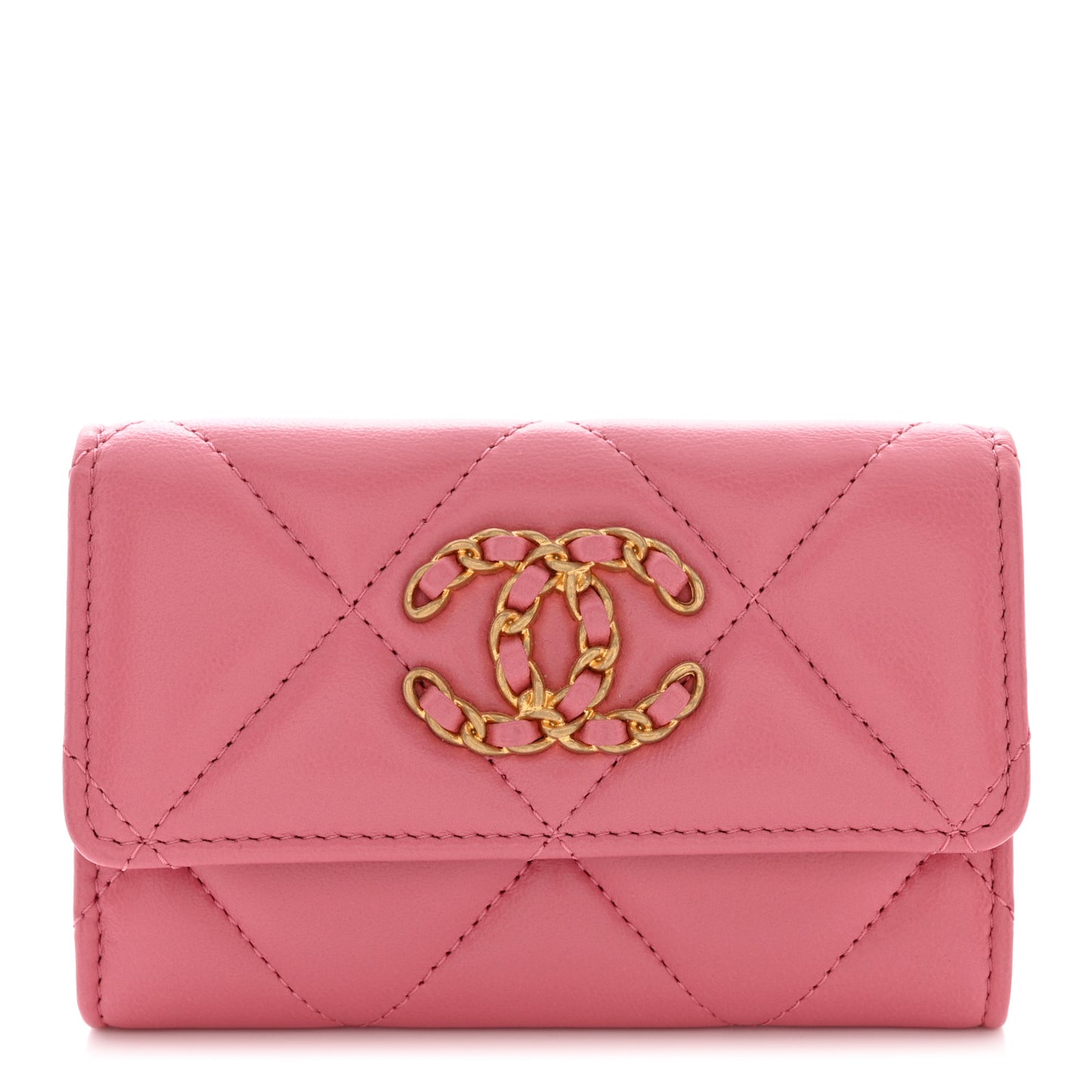 Shiny Goatskin Quilted Chanel 19 Flap Card Holder Pink