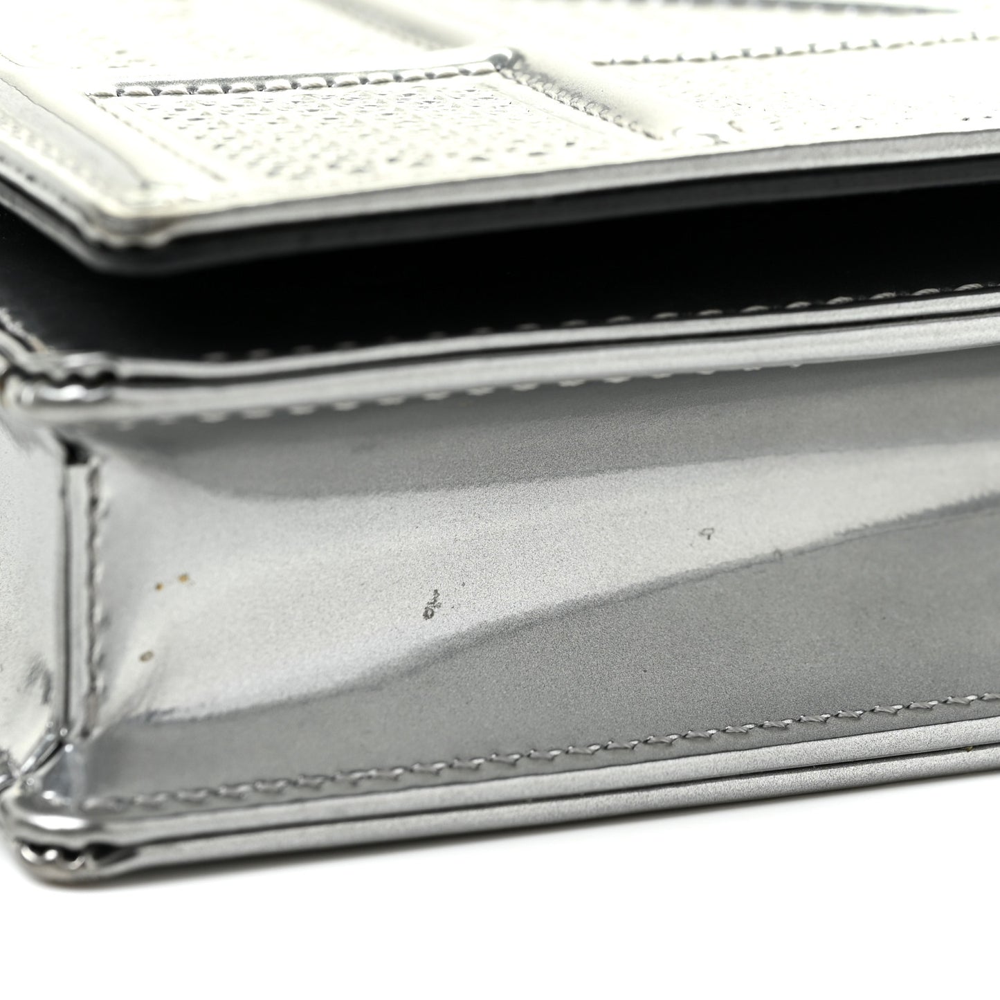 Metallic Patent Micro-Cannage Diorama Wallet on Chain Pouch Silver