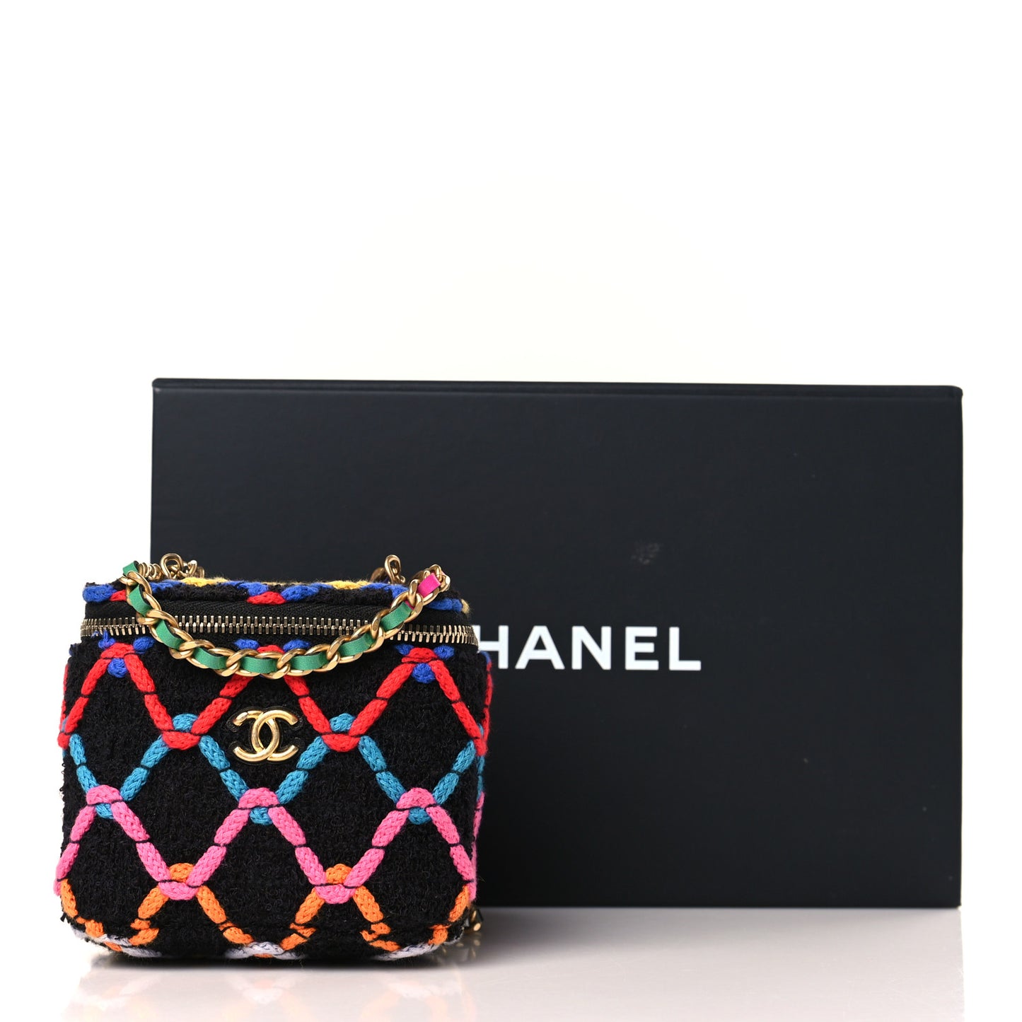 Tweed Diamond Threaded CC Pearl Crush Mini Vanity Case With Chain Black Multicolor