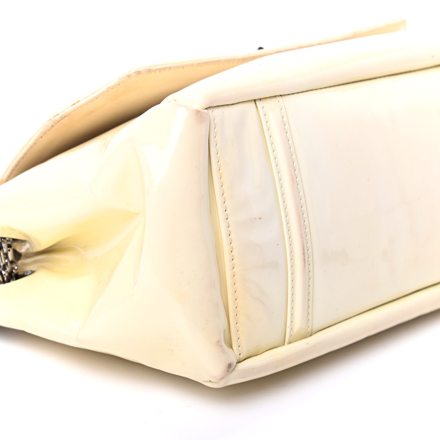 Patent Calfskin Mademoiselle Lock Bijoux Chain Flap Beige