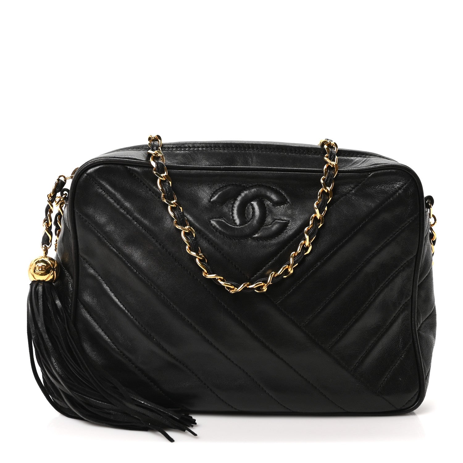 シャネル Chanel Lambskin Chevron Quilted Tassel Camera Case Black 1808658
