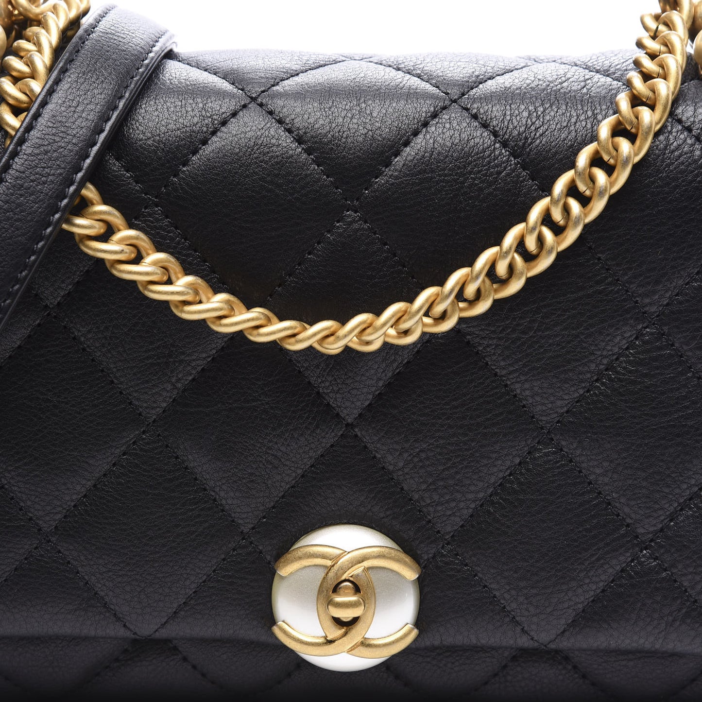 Calfskin Quilted Accordion Pearl CC Flap Bag Black