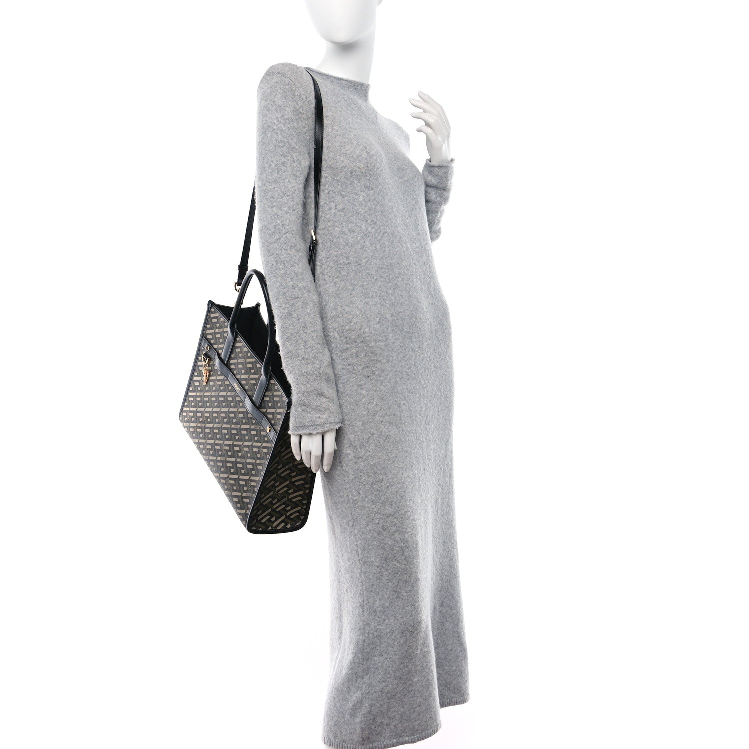 Versace Coated Canvas Calfskin La Greca Signature Tote Bag Black Khaki 2 of 9