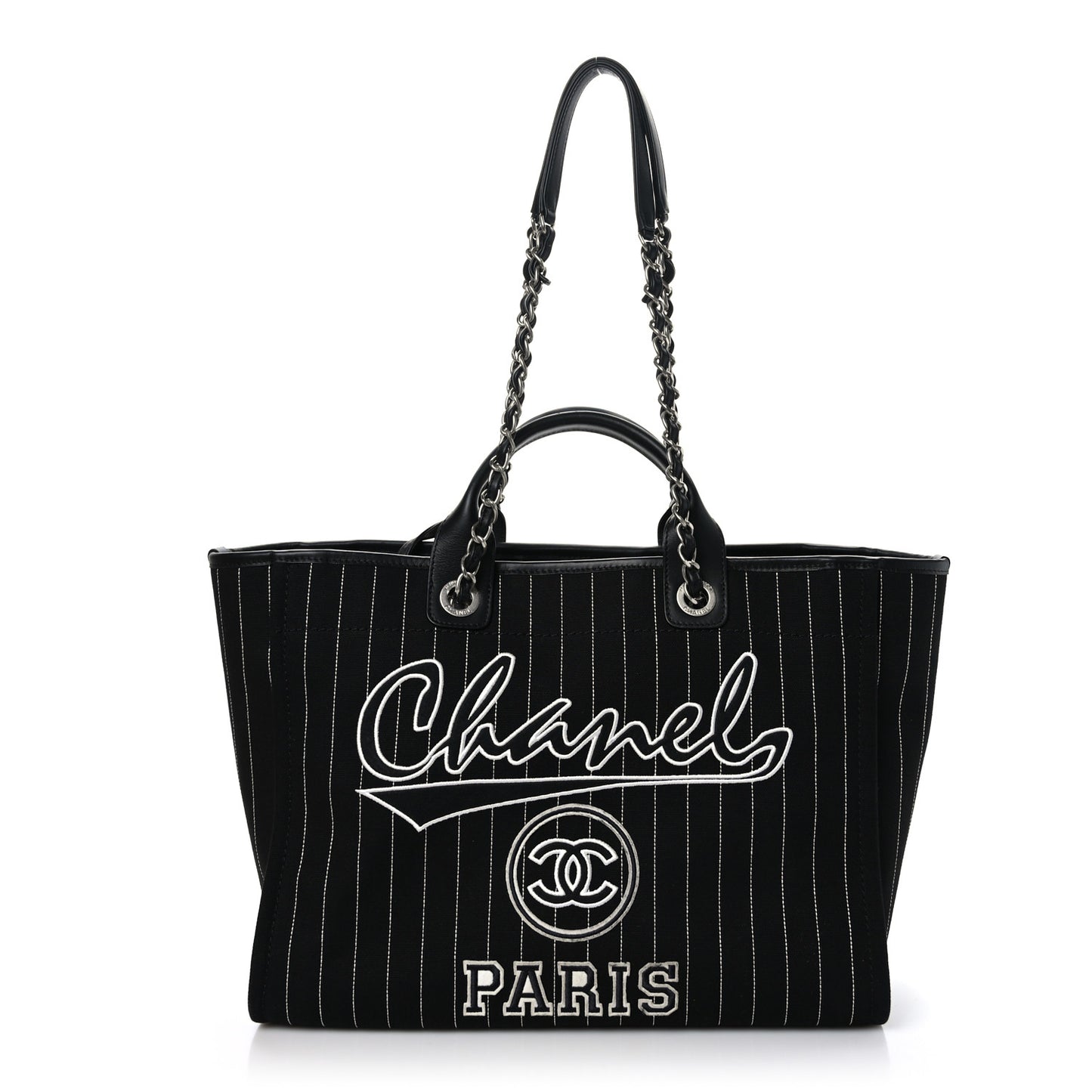 Canvas Calfskin Striped Medium Deauville Tote Black White