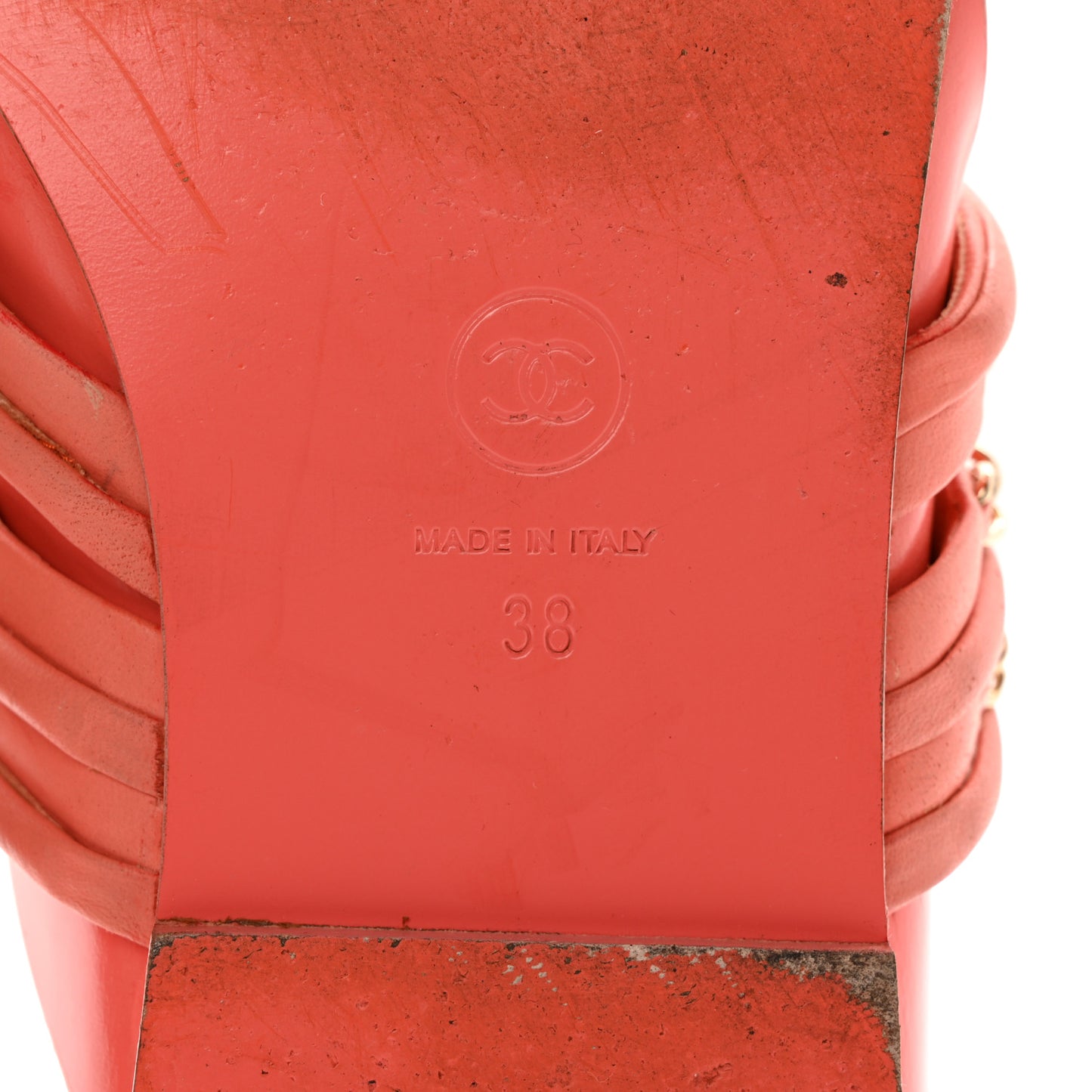 Calfskin Chain CC Thong Flat Sandals 38 Coral