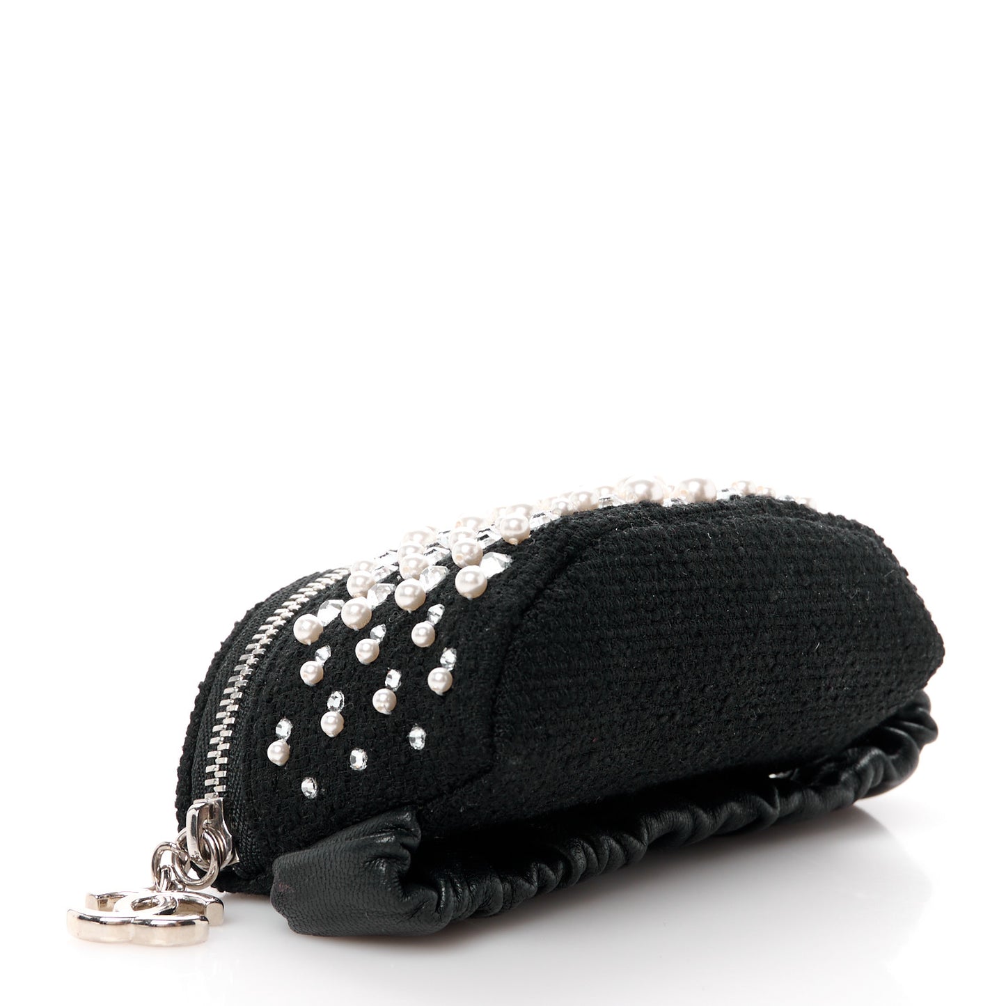 Tweed Pearl Lambskin Quilted Arm Coin Purse Black