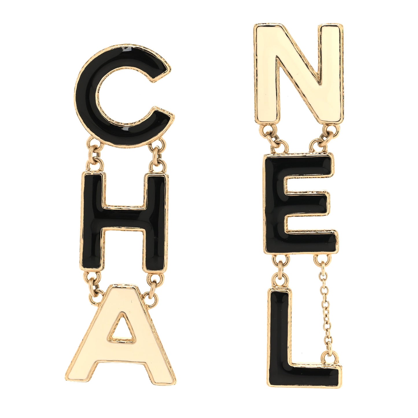Metal Enamel Cha-Nel Logo Drop Earrings Black White