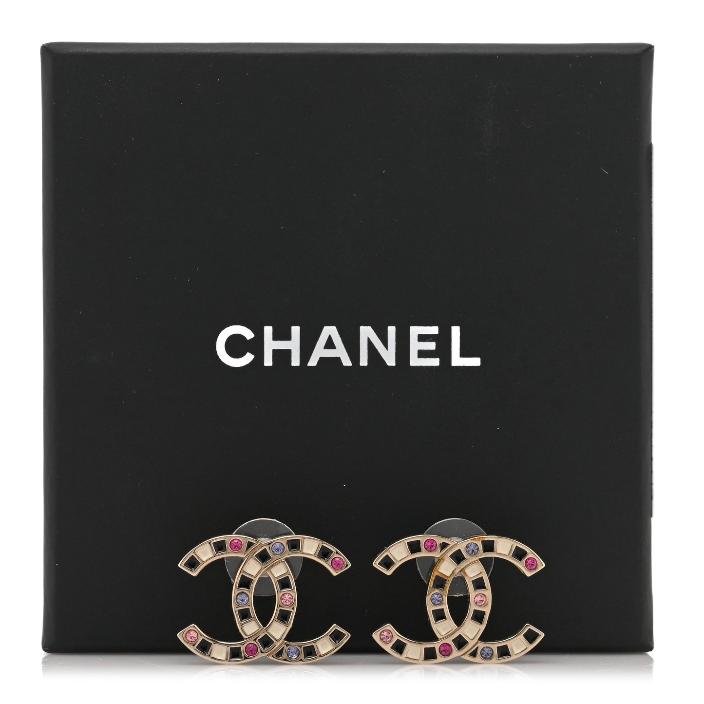 Crystal Enamel Large CC Earrings Gold Black White Pink