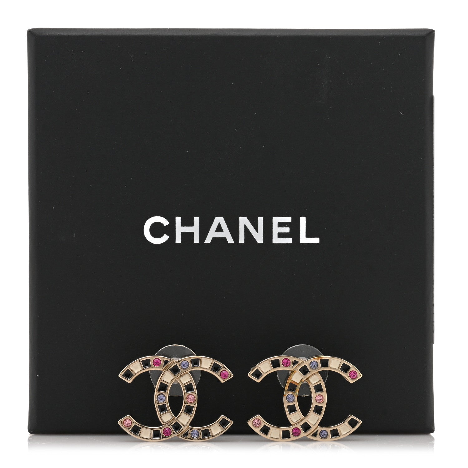 Chanel Crystal Enamel Large CC Earrings Gold Black White Pink 5 of 5