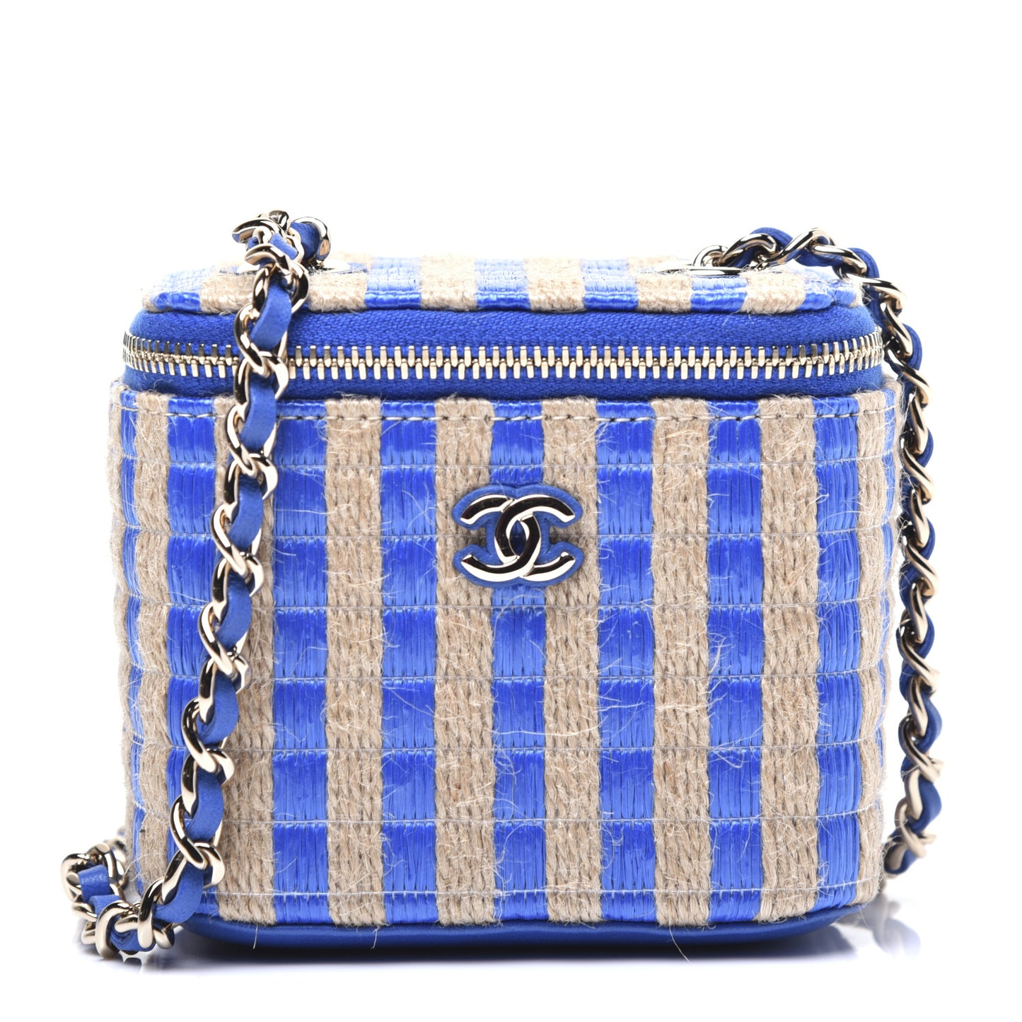 Raffia Jute Striped Mini Vanity Case With Chain Blue Beige